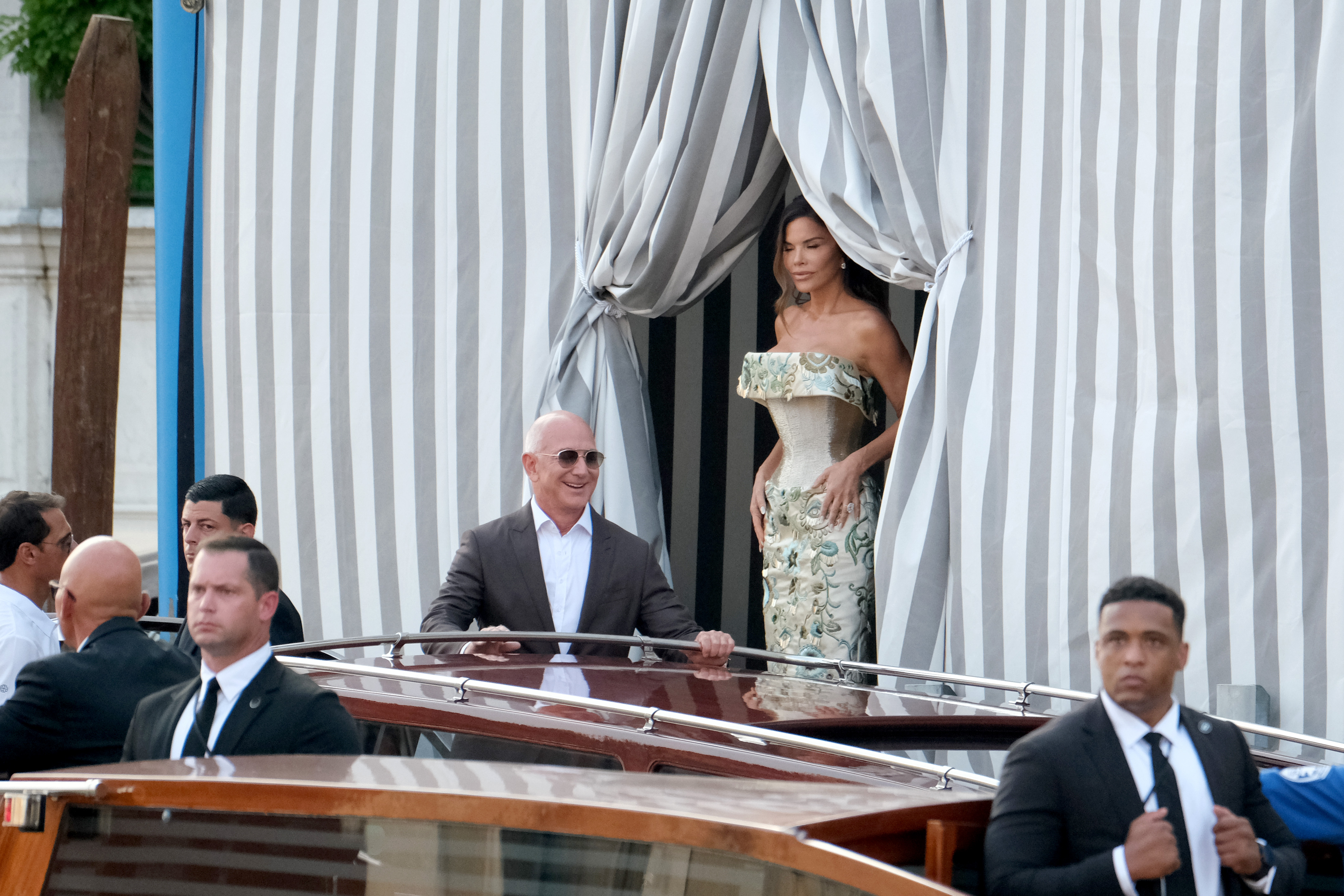 Jeff Bezos and Lauren Sanchez are seen leaving the Aman Hotel in Venice ahead of on June 26, 2025, in Venice, Italy. | Source: Getty Images