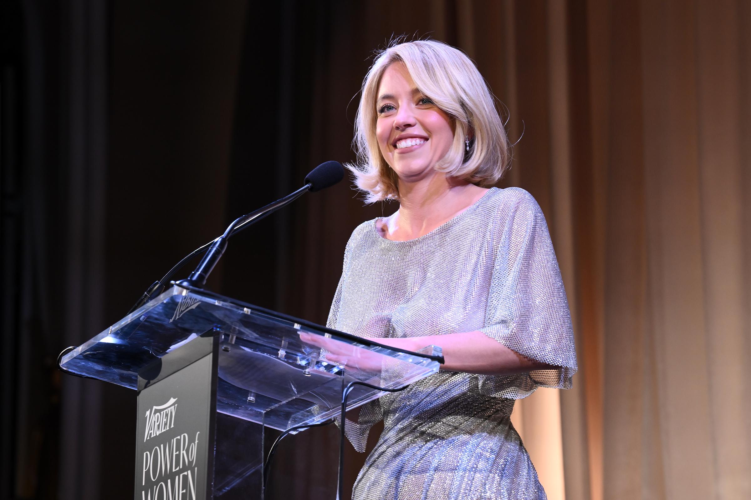Sydney Sweeney speaks at Variety's 2025 Power Of Women at The Beverly Hills Hotel on October 29, 2025, in Beverly Hills, California. | Source: Getty Images