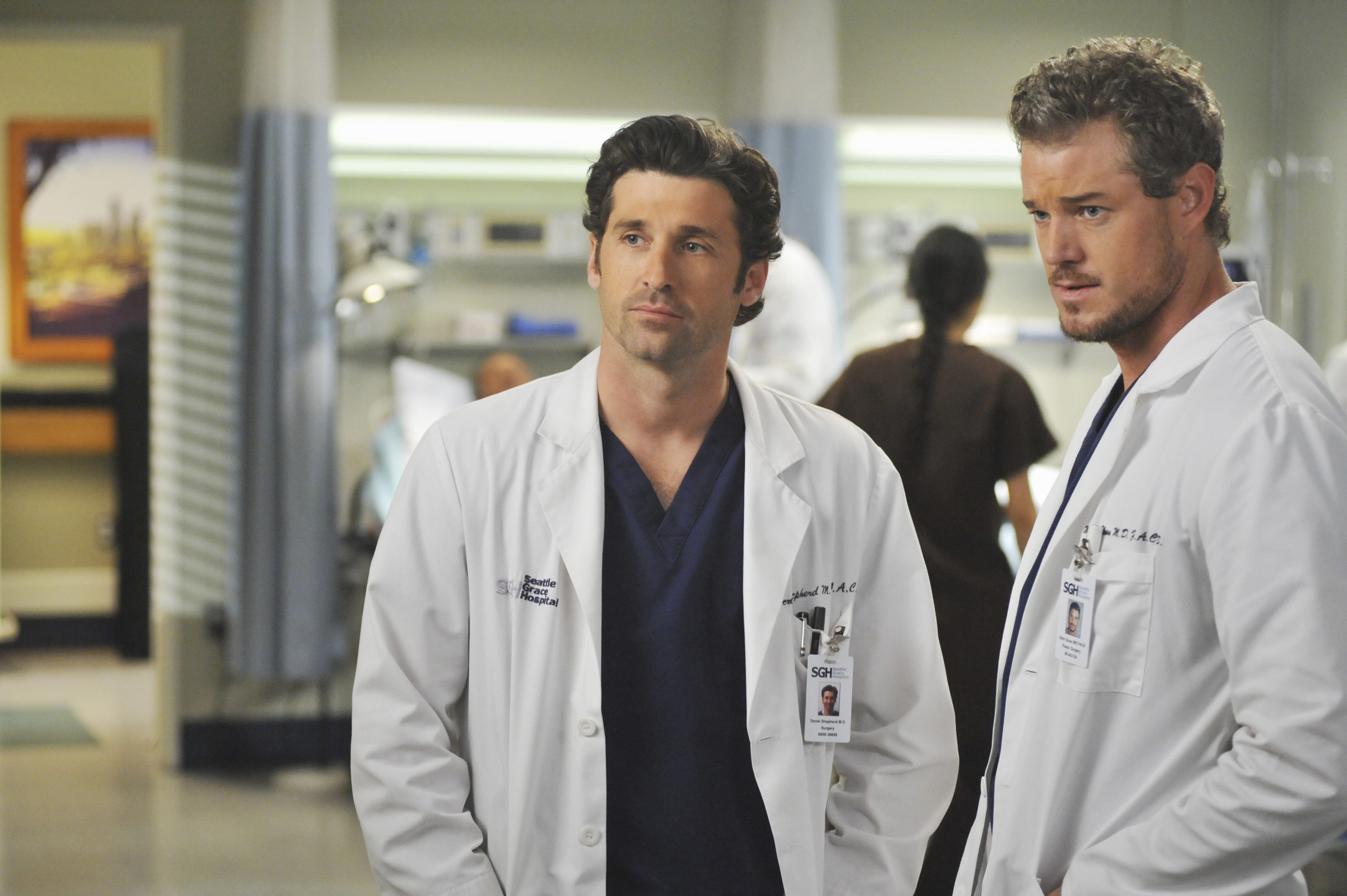 Patrick Dempsey and Eric Dane on the set of "Grey's Anatomy" circa 2009. | Source: Getty Images