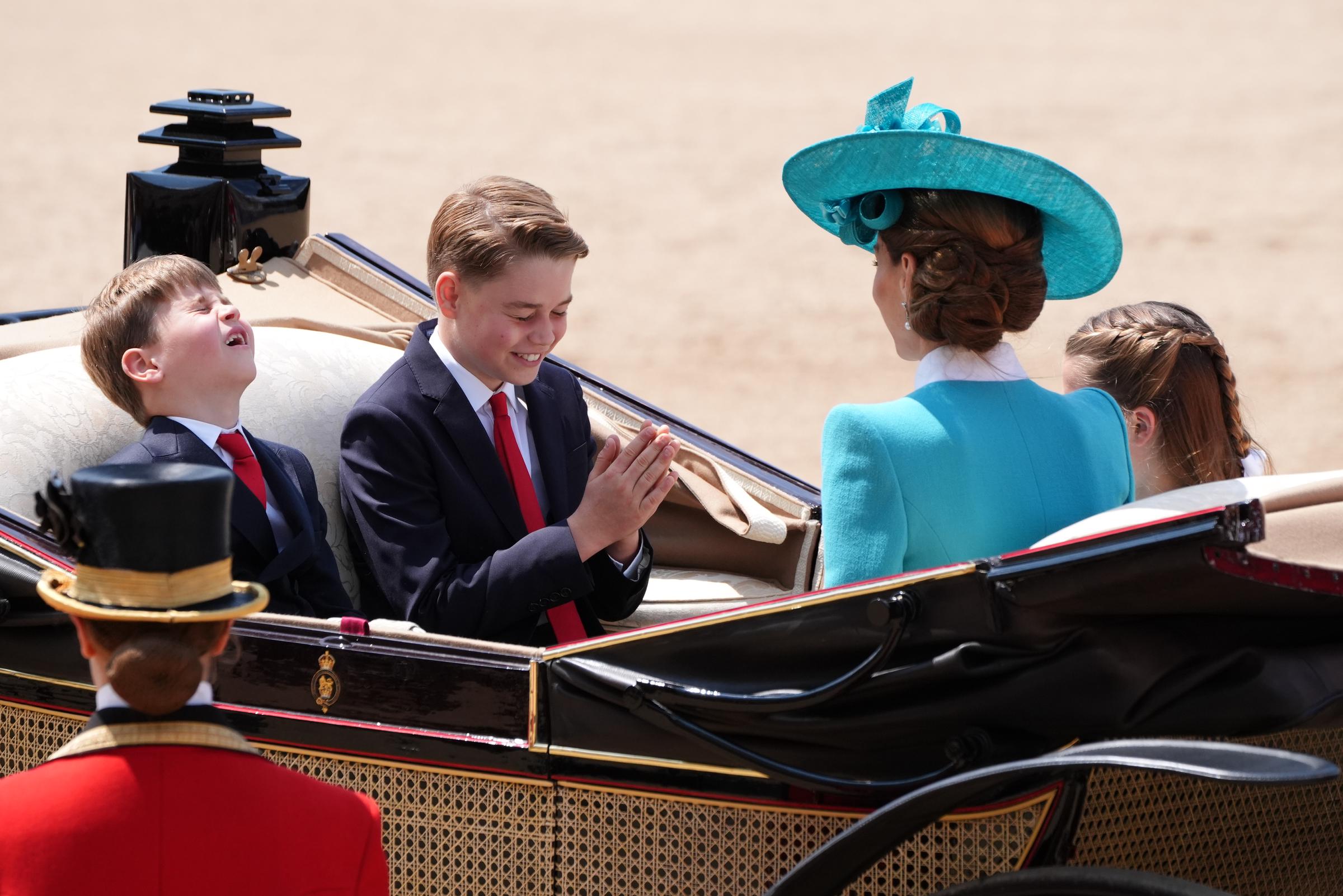 Prince Louis, Prince George , the Princess of Wales and Princess Charlotte during the Trooping the Colour ceremony at Horse Guards Parade, central London, in celebration of King Charles III's official birthday on June 14, 2025 | Source: Getty Images