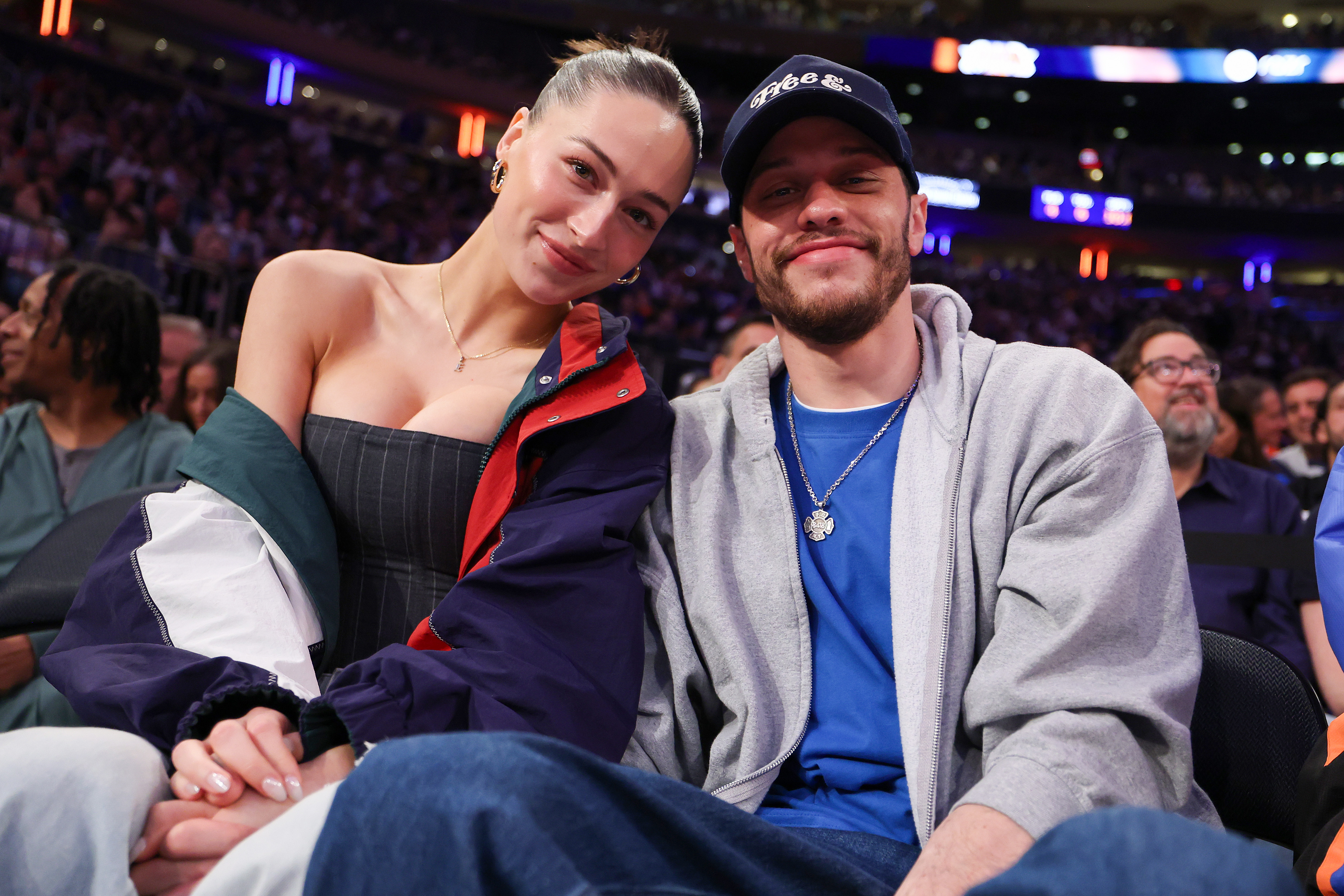 Elsie Hewitt and Pete Davidson are seen as the Boston Celtics take on the New York Knicks in the first quarter of Game Six of the Eastern Conference Second Round NBA Playoffs at Madison Square Garden on May 16, 2025, in New York City. | Source: Getty Images