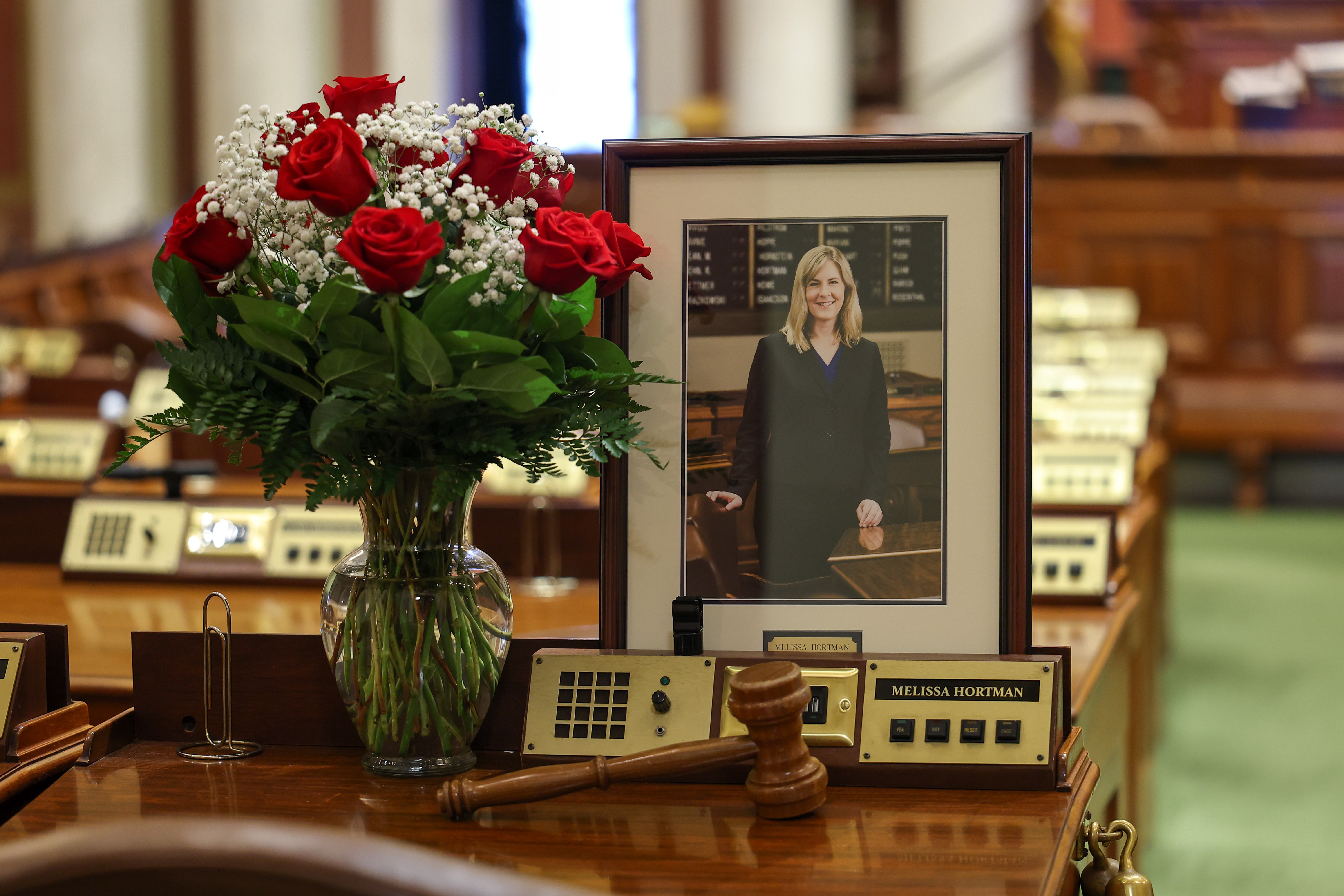 A memorial is seen on the desk of DFL State Rep. Melissa Hortman in the House chambers at the Minnesota State Capitol on June 16, 2025, in St. Paul, Minnesota. | Source: Getty Images