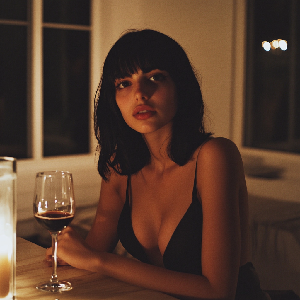 A woman sitting at a dinner table | Source: Midjourney