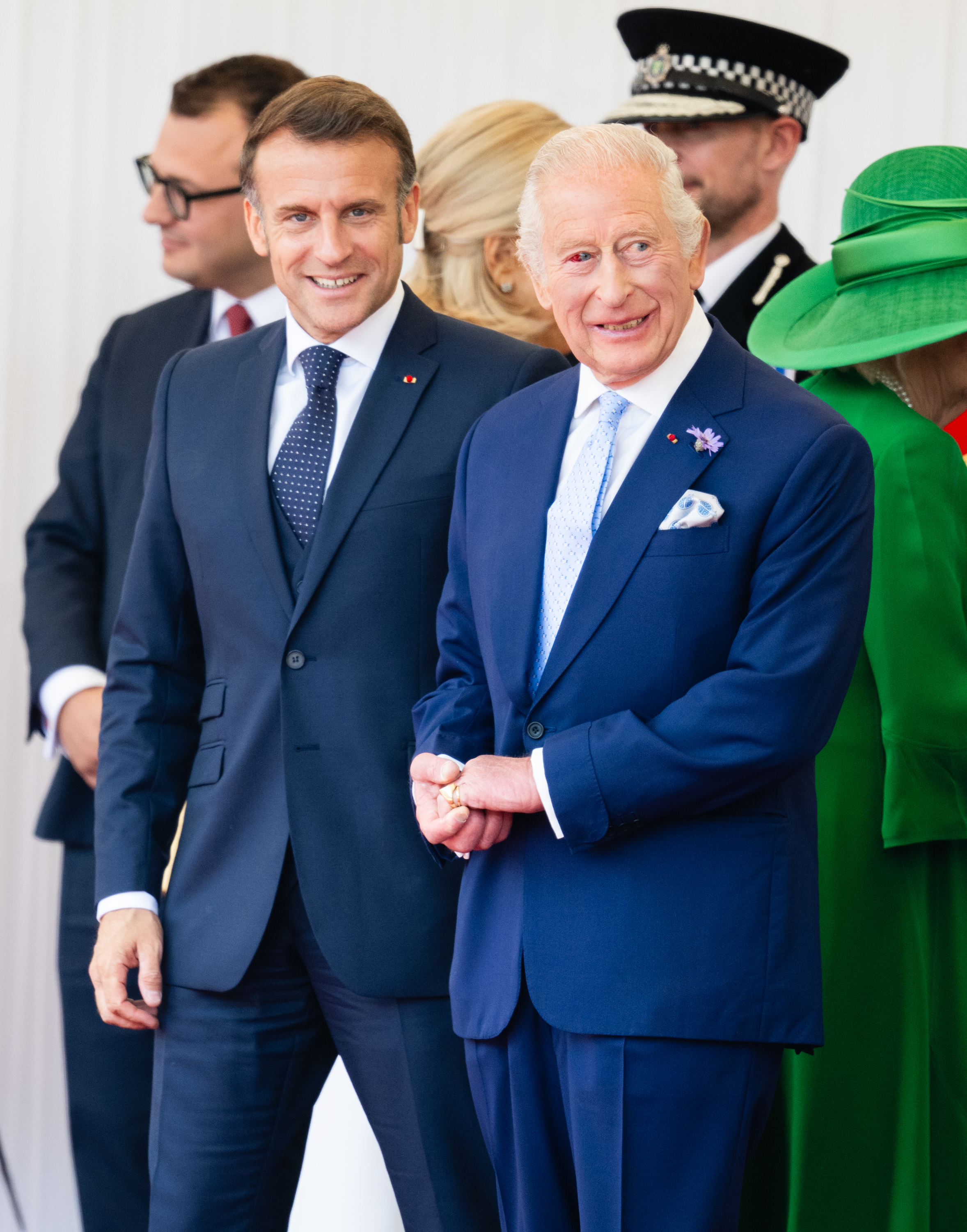 President of France, Emmanuel Macron and King Charles III on the Royal Dais at Datchet Road on July 8, 2025, in Windsor, England. | Source: Getty Images