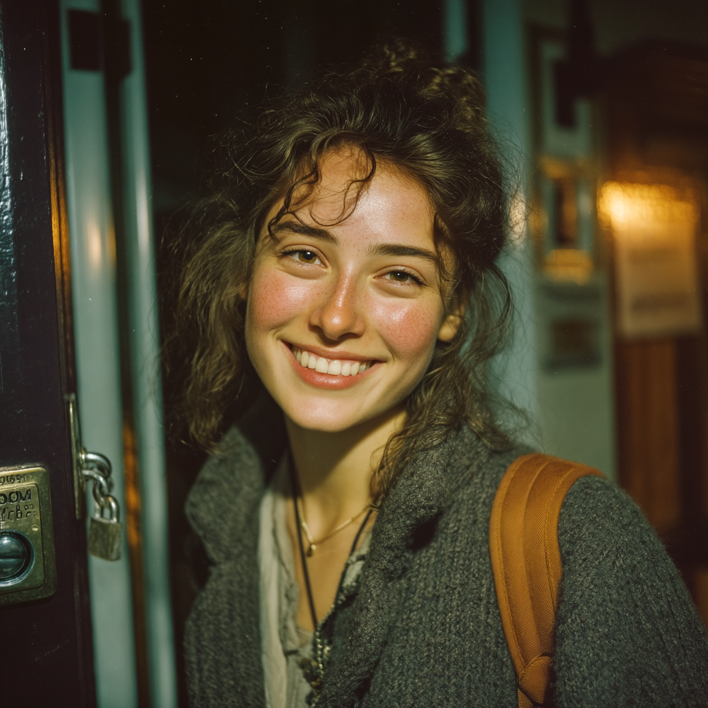 A happy woman in front of a locked up building | Source: Midjourney