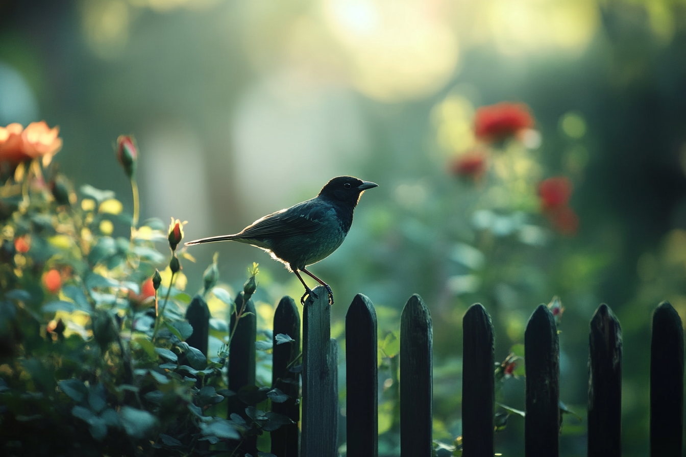 A bird standing on a rose garden fence | Source: Midjourney