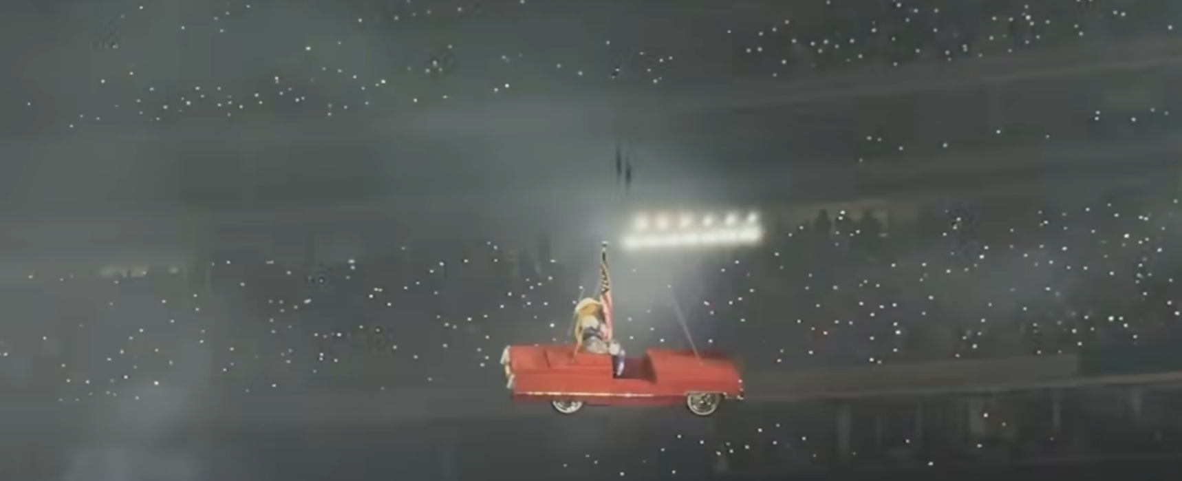 Beyoncé suspended in the air as her Cadillac prop tilts during her June 28, 2025 concert in Houston, Texas | Source: YouTube/ABC7