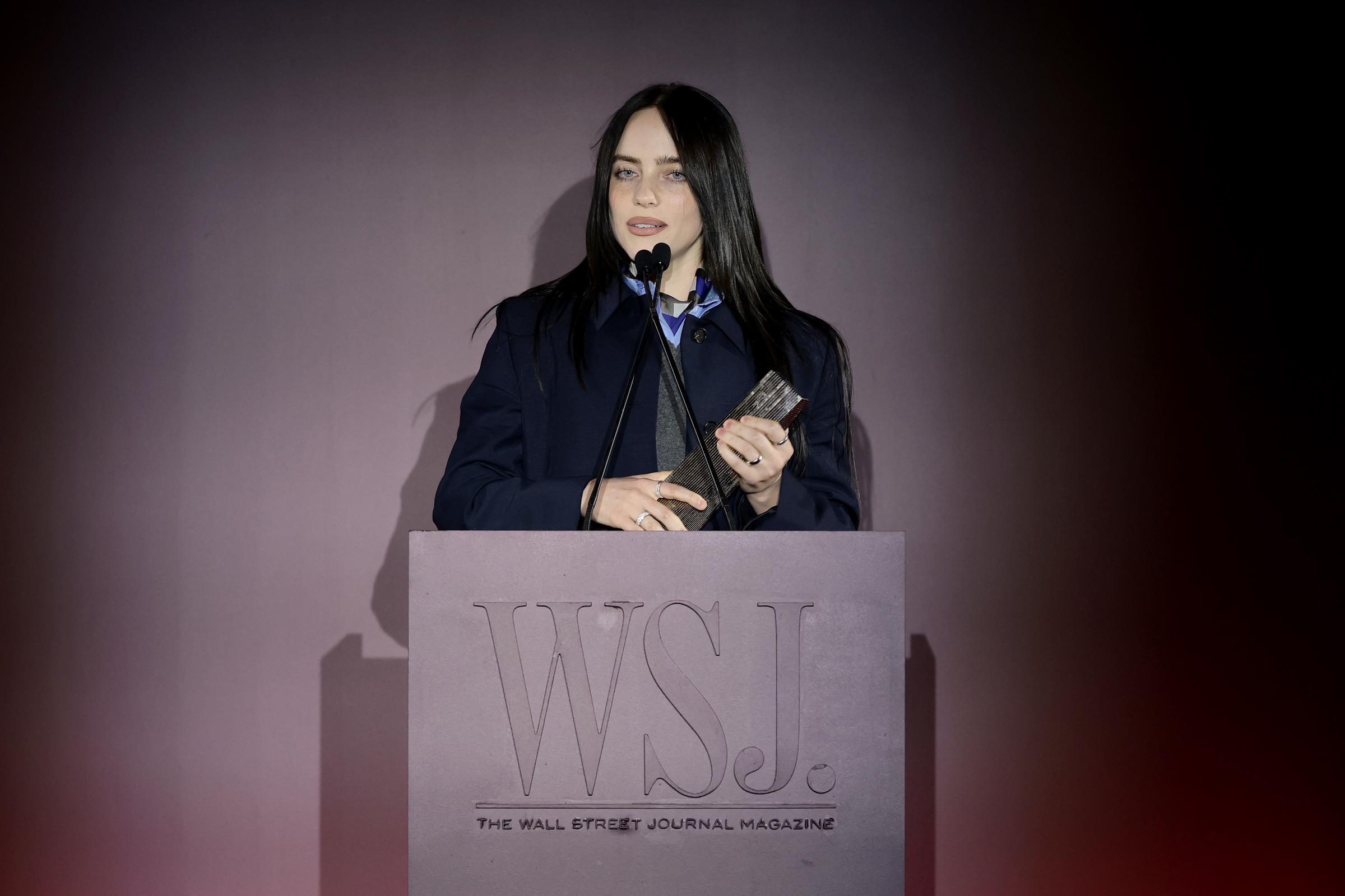 Billie Eilish speaks onstage during the WSJ. Magazine 2025 Innovator Awards at MoMA on October 29, 2025 in New York City. | Source: Getty Images