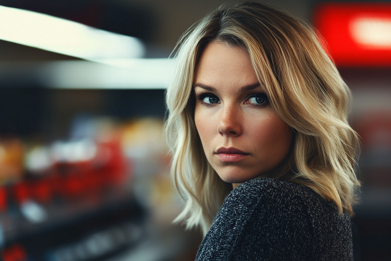 A woman glancing over her shoulder in a grocery store | Source: Midjourney