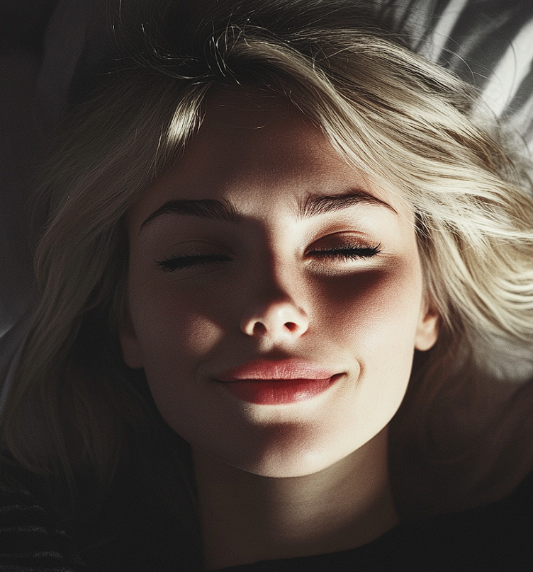 A woman falling asleep with a smile | Source: Midjourney