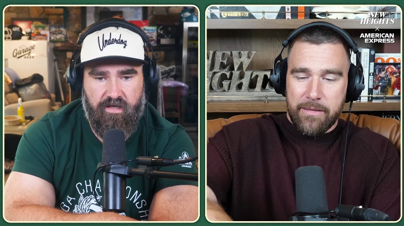Jason and Travis Kelce on the "New Heights" podcast in a post dated May 13, 2026. | Source: YouTube/ New Heights