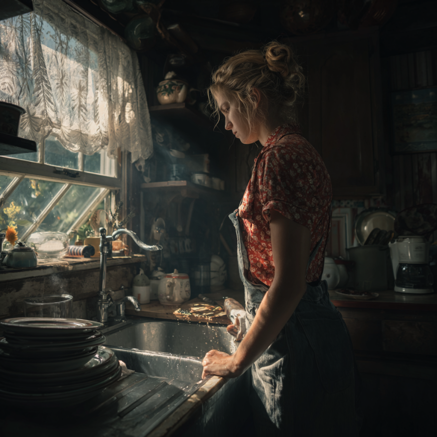A woman standing in front of a kitchen sink | Source: Midjourney