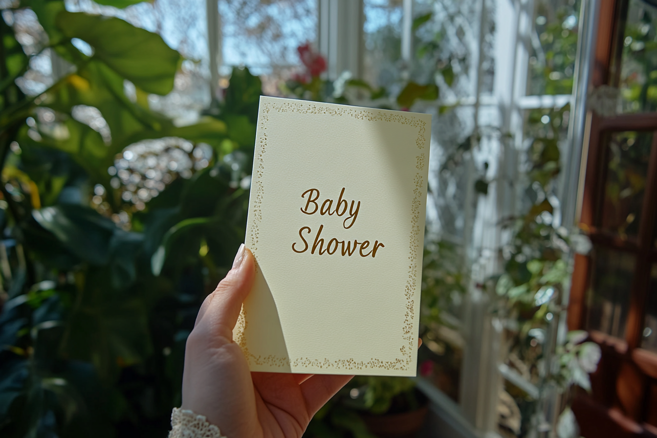 A woman holding a yellow baby shower invitation | Source: Midjourney