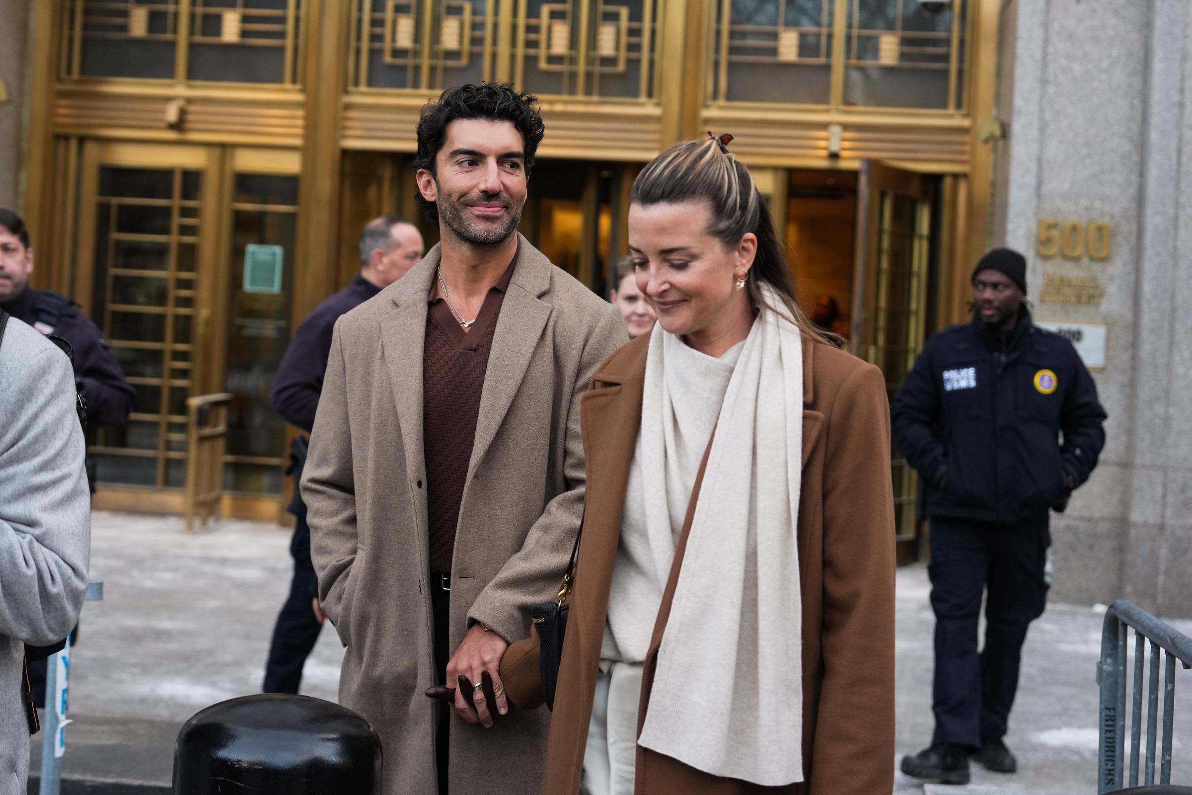 Justin and Emily Baldoni arrive at court for continued settlement talks on February 12, 2026 in New York City. | Source: Getty Images
