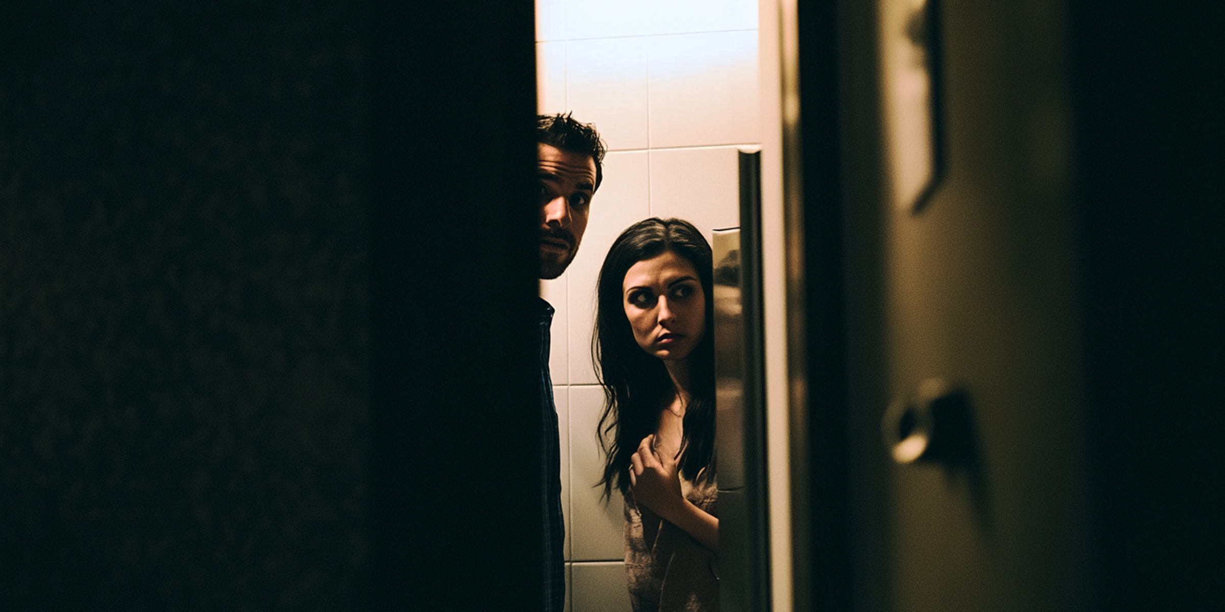 Couple hiding in public toilet | Source: Midjourney