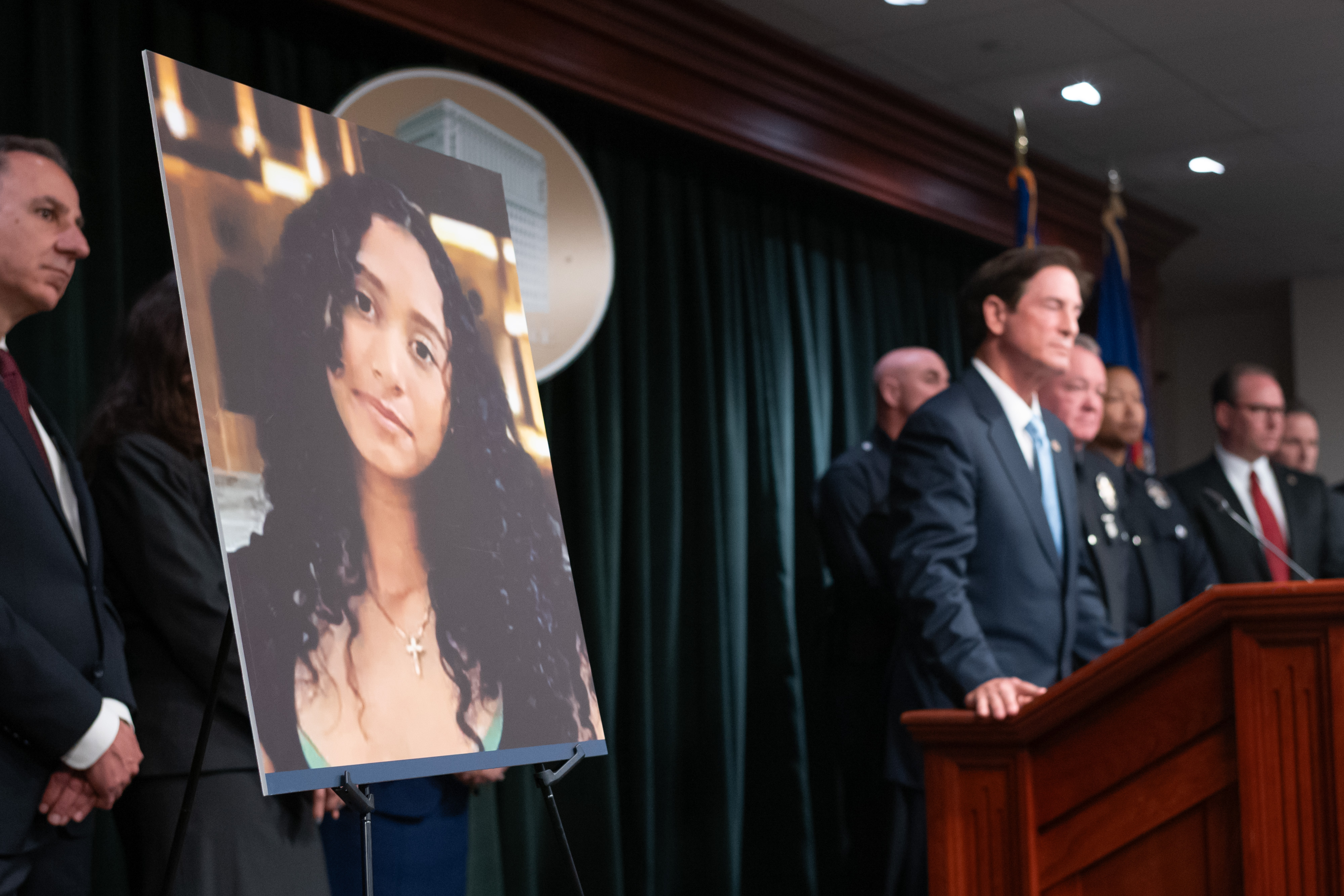 A photo of 14 year-old Celeste Rivas Hernandez on display as Los Angeles District Attorney Nathan Hochman announces murder charges to be filed against D4vd, David Anthony Burke in connection to the murder of the 14 year-old on Monday, April 20, 2026. | Source: Getty Images