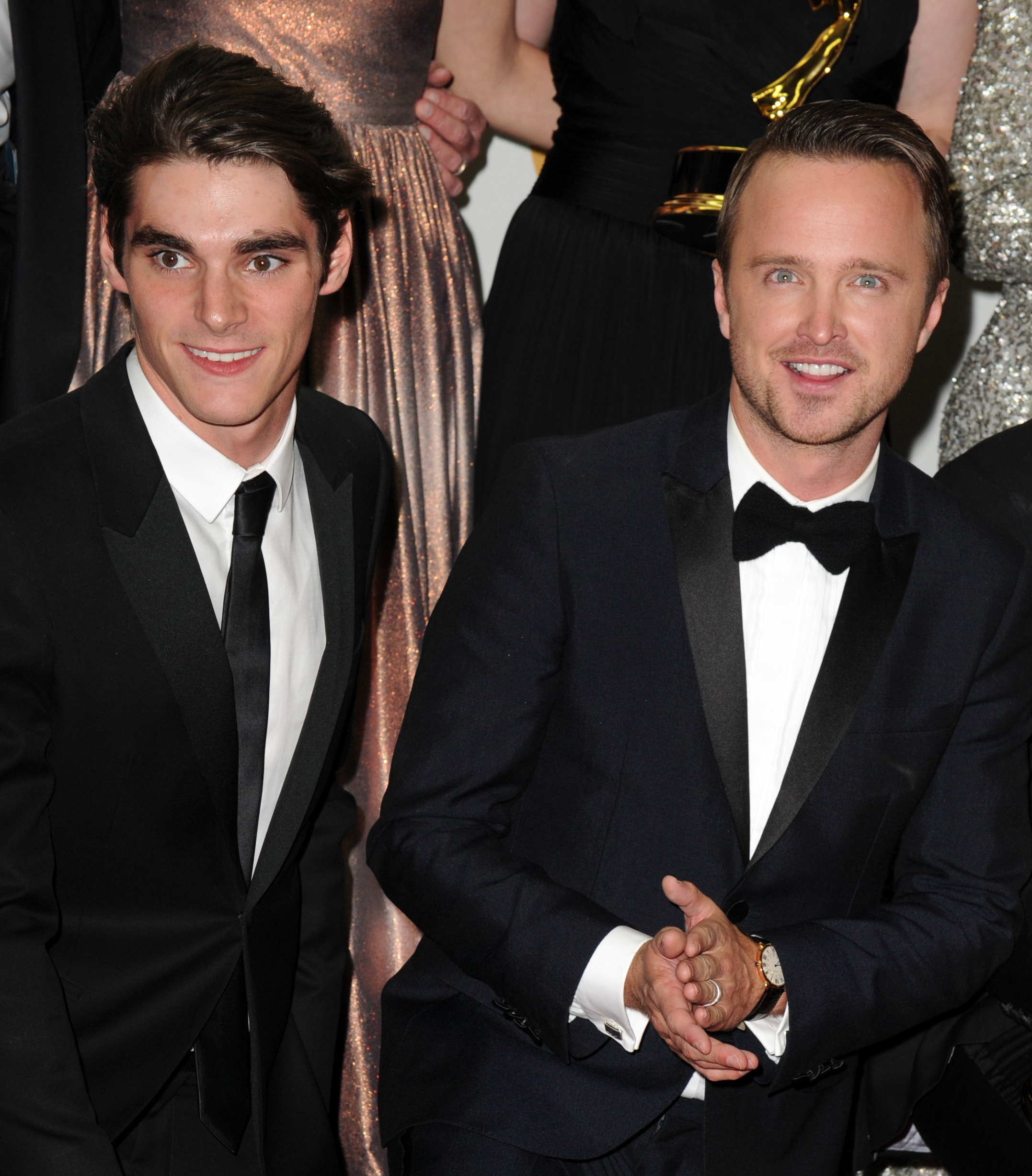 RJ Mitte and Aaron Paul pose in the press room during the 65th Annual Primetime Emmy Awards held at Nokia Theatre L.A. Live on September 22, 2013 in Los Angeles, California. | Source: Getty Images