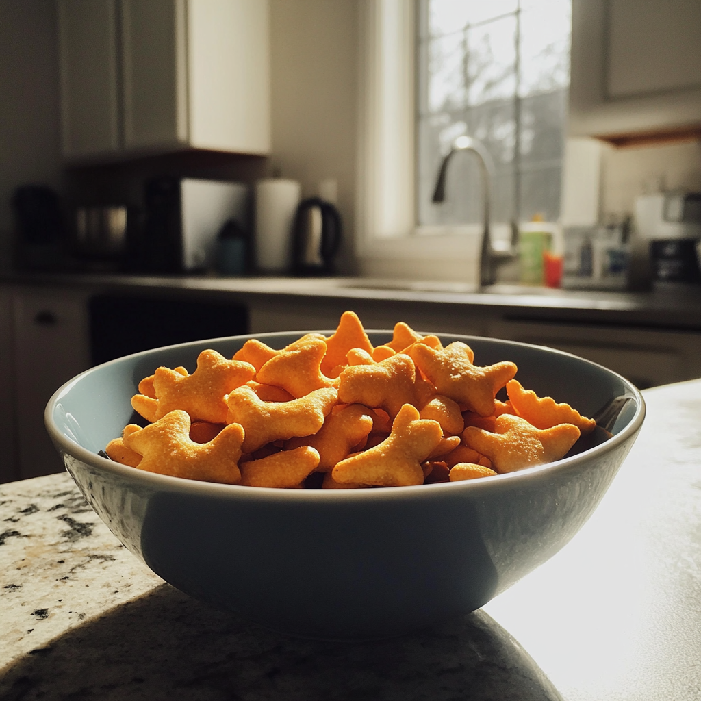 A bowl of crackers on a kitchen counter | Source: Midjourney