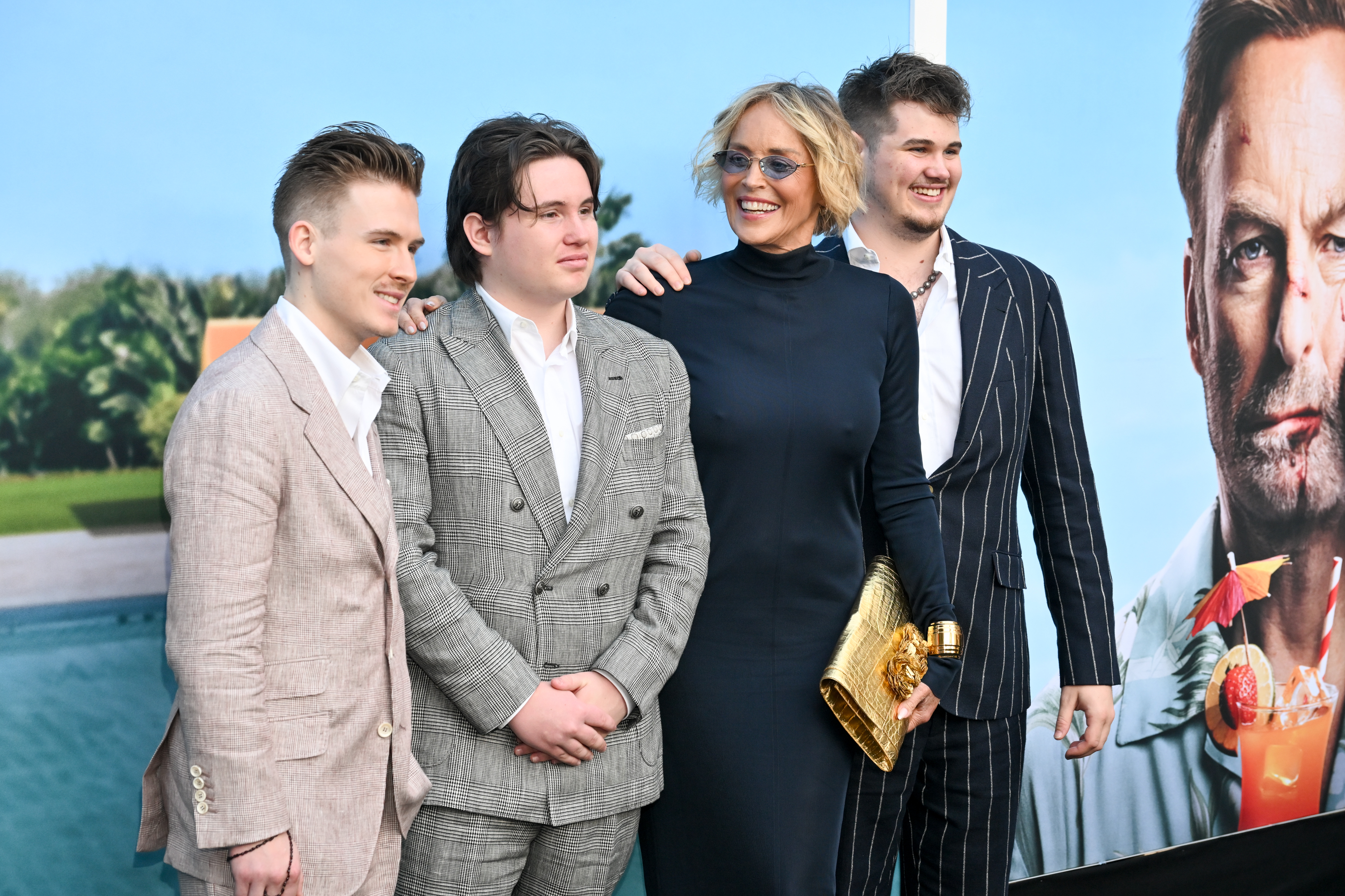Roan Joseph Bronstein, Quinn Kelly Stone, Sharon Stone, Laird Vonne Stone at Universal Pictures' "Nobody 2" Los Angeles Premiere held at the TCL Chinese Theatre on August 11, 2025 in Los Angeles, California. | Source: Getty Images