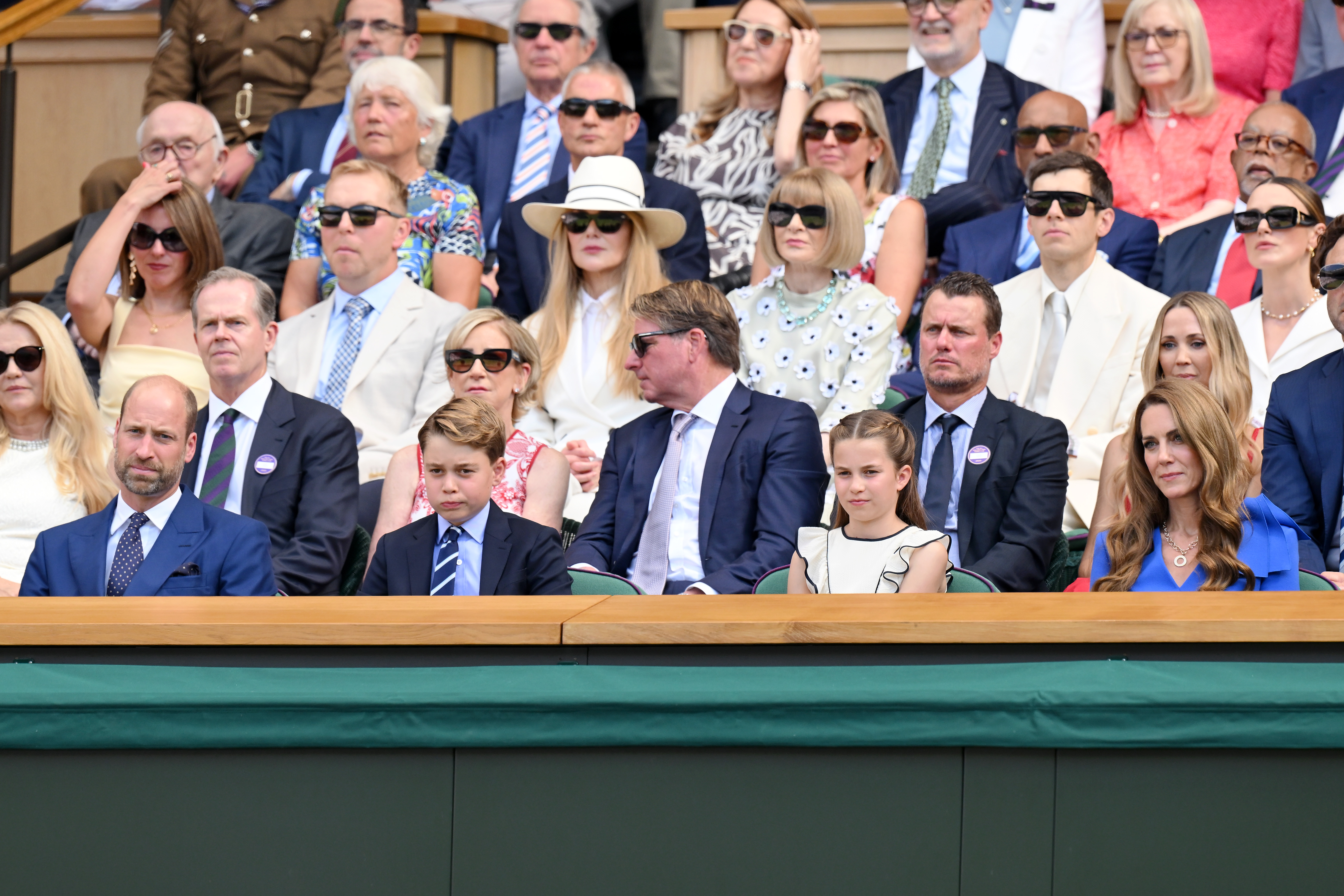Prince William, Prince of Wales, Prince George of Wales, Princess Charlotte of Wales and Catherine, Princess of Wales attend day fourteen of the Wimbledon Tennis Championships at the All England Lawn Tennis and Croquet Club at All England Lawn Tennis and Croquet Club on July 13, 2025 in London, England | Source: Getty Images