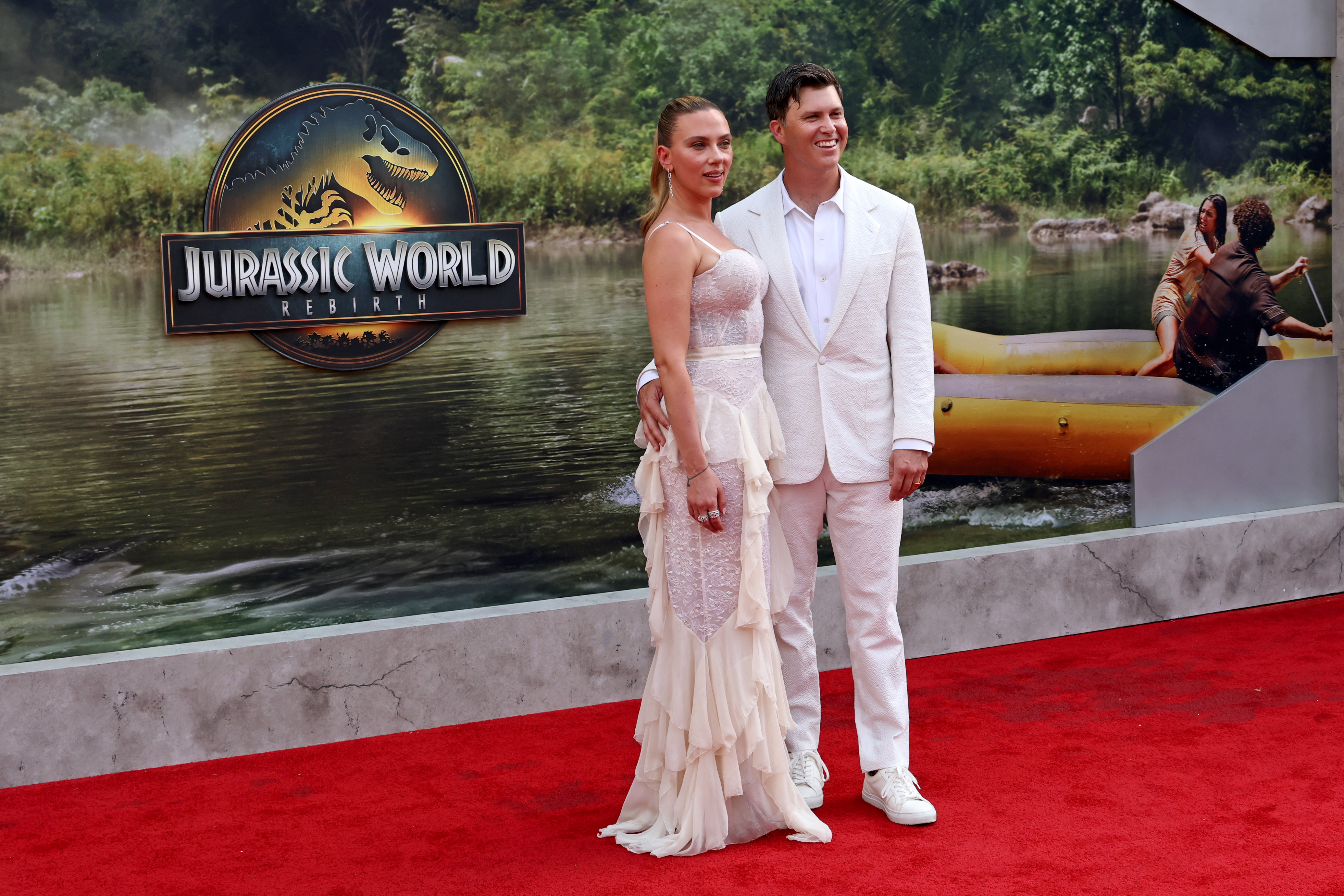 Scarlett Johansson and Colin Jost attend the "Jurassic World Rebirth" New York Premiere at Lincoln Center on June 23, 2025, in New York City. | Source: Getty Images