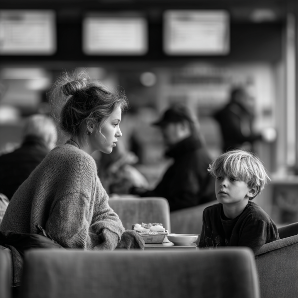A woman and boy seated in a waiting area | Source: Midjourney