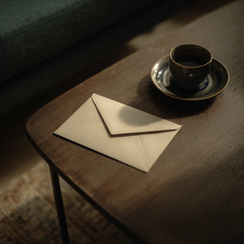An envelope on a coffee table | Source: Midjourney