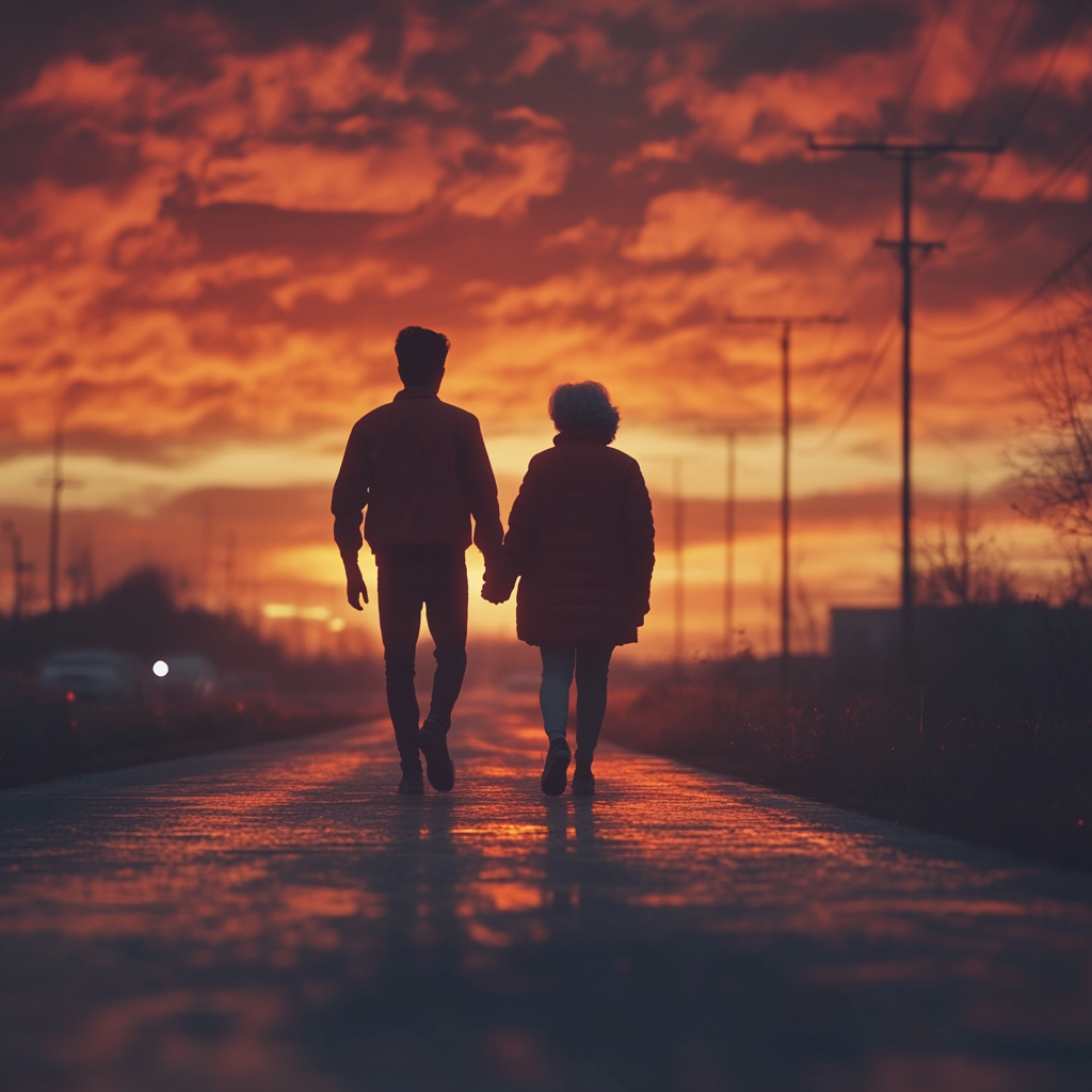 Silhouette of a man walking with his mother | Source: Midjourney