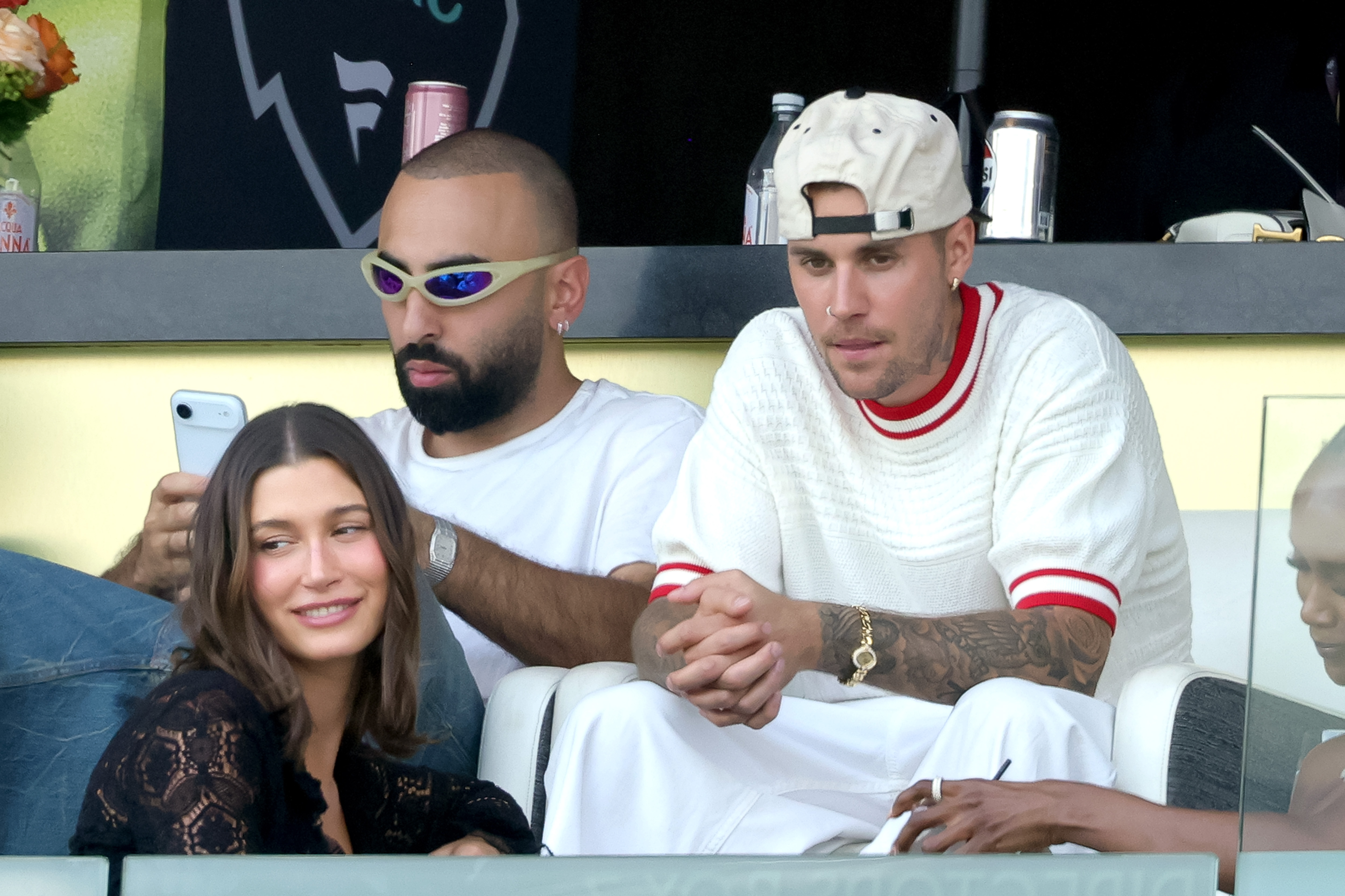 Hailey and Justin Bieber at the Fanatics Flag Football Classic at BMO Stadium on March 21, 2026, in Los Angeles, California. | Source: Getty Images