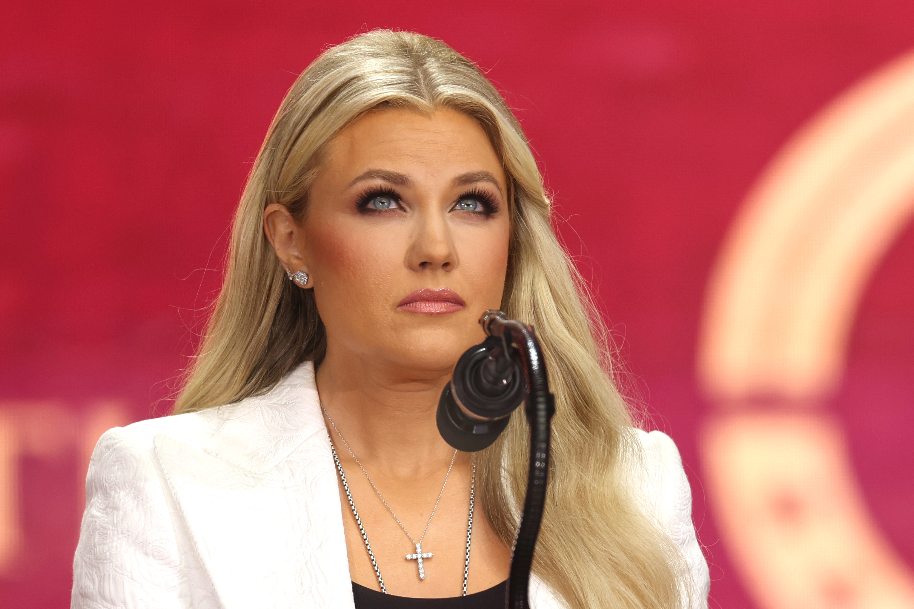 Erika Kirk speaks during the public memorial service for right-wing activist Charlie Kirk at State Farm Stadium in Glendale, Arizona, on September 21, 2025. | Source: Getty Images