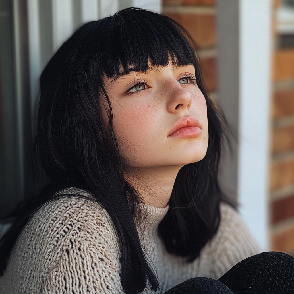 A teenage girl sitting on a porch | Source: Midjourney