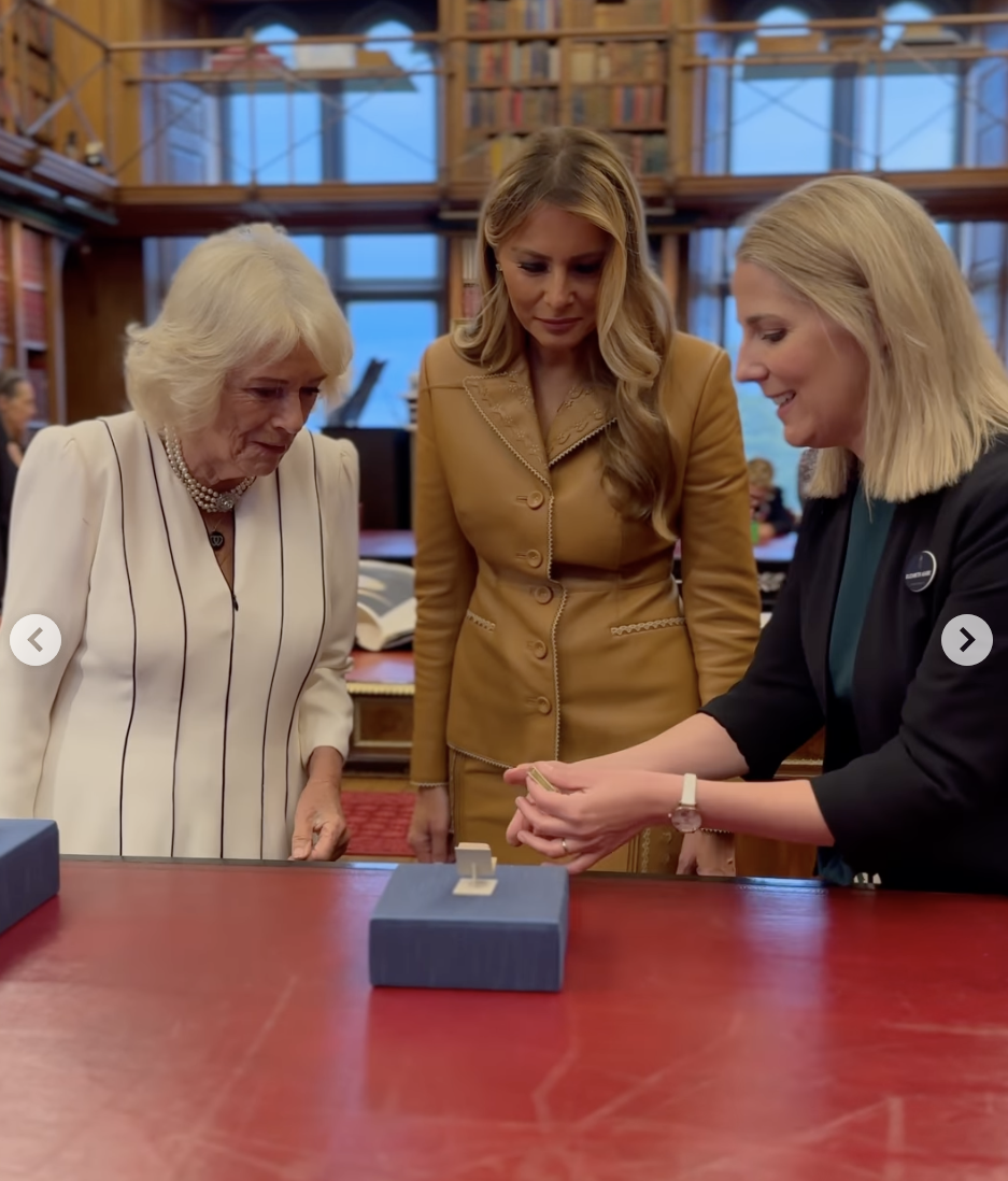 Queen Camilla and First Lady Melania Trump deep in observation while at the Royal Library on September 18, 2025. | Source: Instagram/theroyalfamily