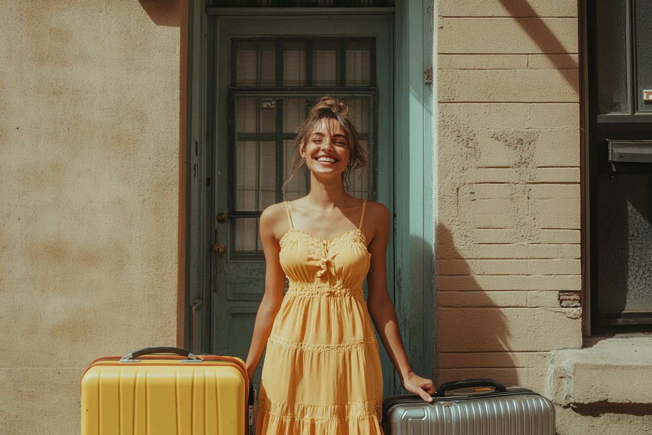 A woman outside an apartment building smiling with suitcases | Source: Midjourney