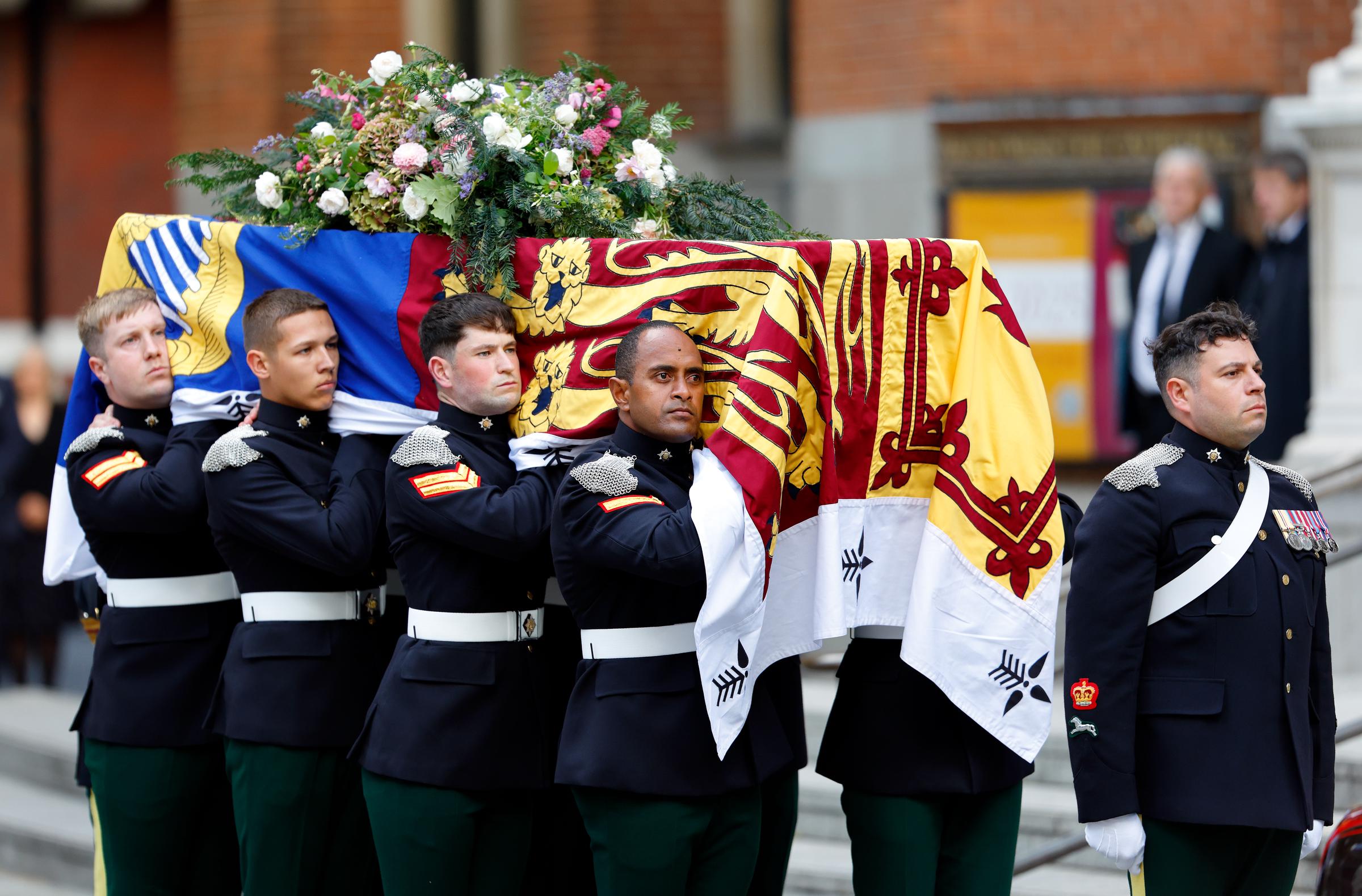 Pallbearers from The Royal Dragoon Guards carry Katharine, Duchess of Kent's coffin, draped in the Royal Standard, into Westminster Cathedral for a Vigil for the Deceased with Rite of Reception and Vespers for the Dead ahead of her funeral tomorrow on September 15, 2025 in London, England. | Source: Getty Images