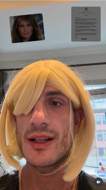 Jack Schlossberg impersonates Melania Trump in a video posted on August 17, 2025. | Source: Instagram/jackuno