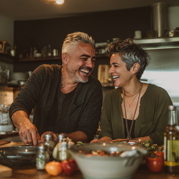 A couple laughing as they make dinner | Source: Midjourney