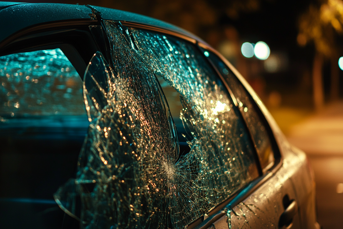 A car parked in a home driveway with smashed windows | Source: Midjourney