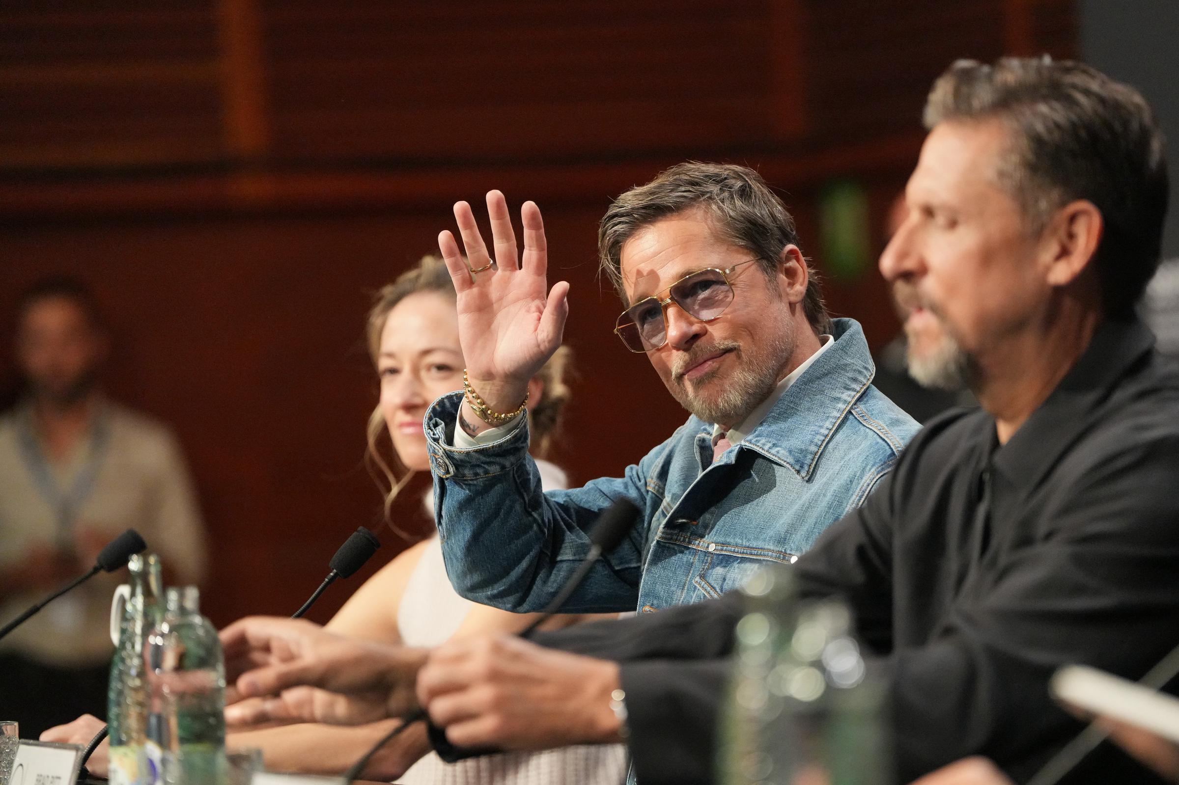 (L-R) Producer Olivia Hamilton, actor Brad Pitt, and director David Ayer hold a press conference during the presentation of the film "Heart of the Beast" at the San Sebastian Film Festival, at the Kursaal Conference Centre, on September 23, 2026 in San Sebastian, Spain. | Source: Getty Images