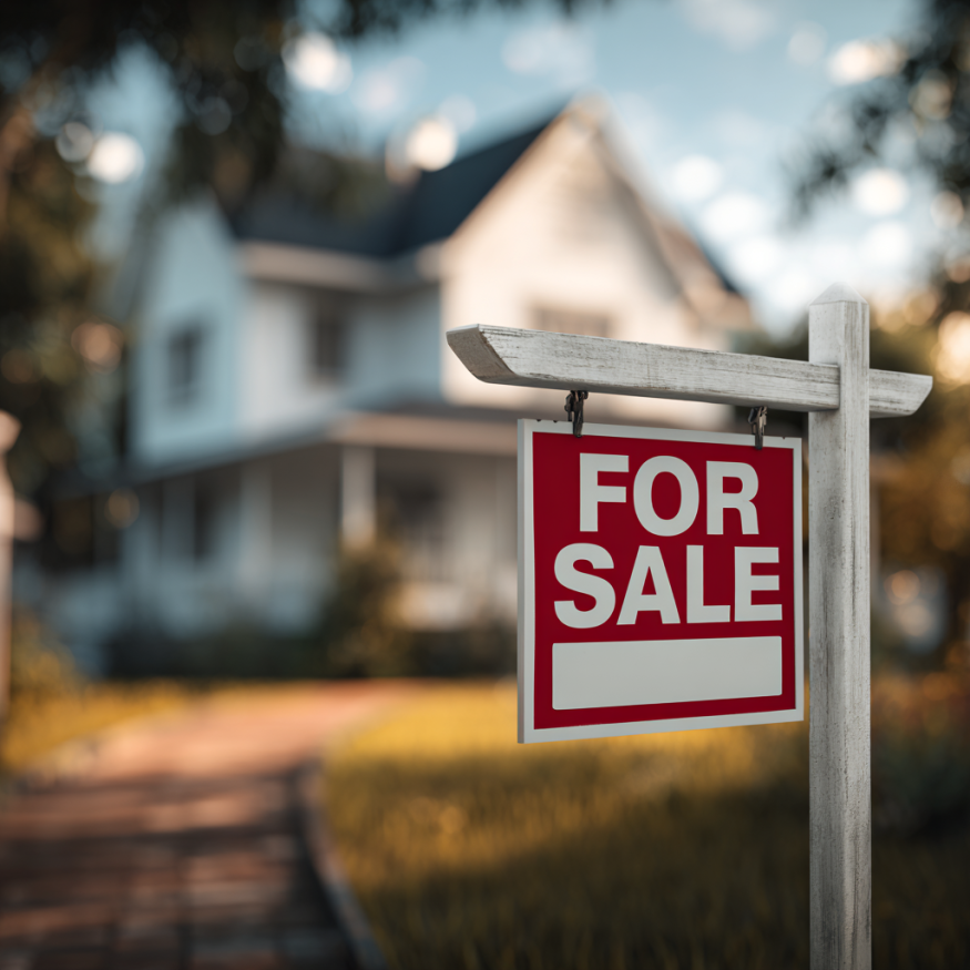 A for sale sign in front of a house | Source: Midjourney