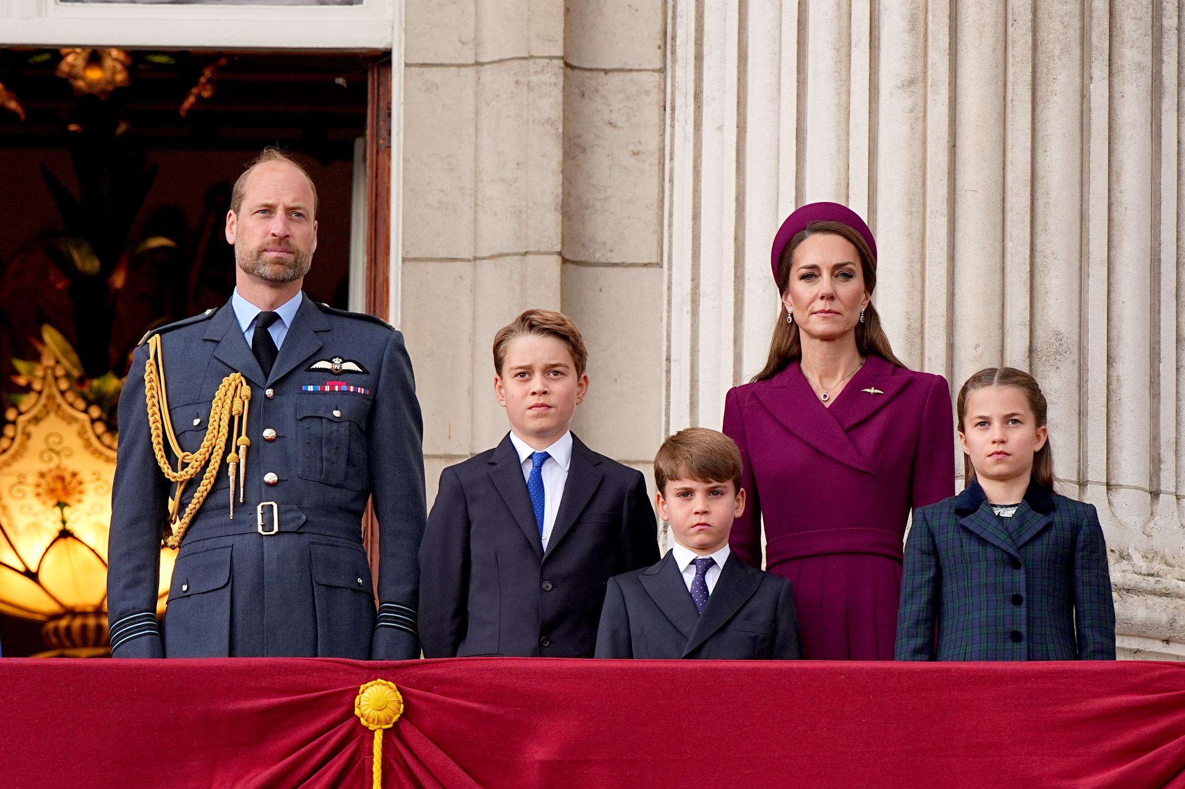 (L-R) Prince William, Prince George, Prince Louis, Princess Catherine, and Princess Charlotte are seen on the balcony of Buckingham Palace as they watch a flypast from the balcony of Buckingham Palace after the military procession to mark the 80th anniversary of VE Day on May 5, 2025, in London, England. | Source: Getty Images