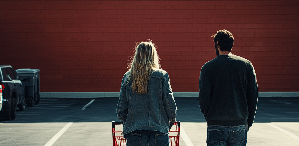 A couple in a grocery store parking lot | Source: Midjourney