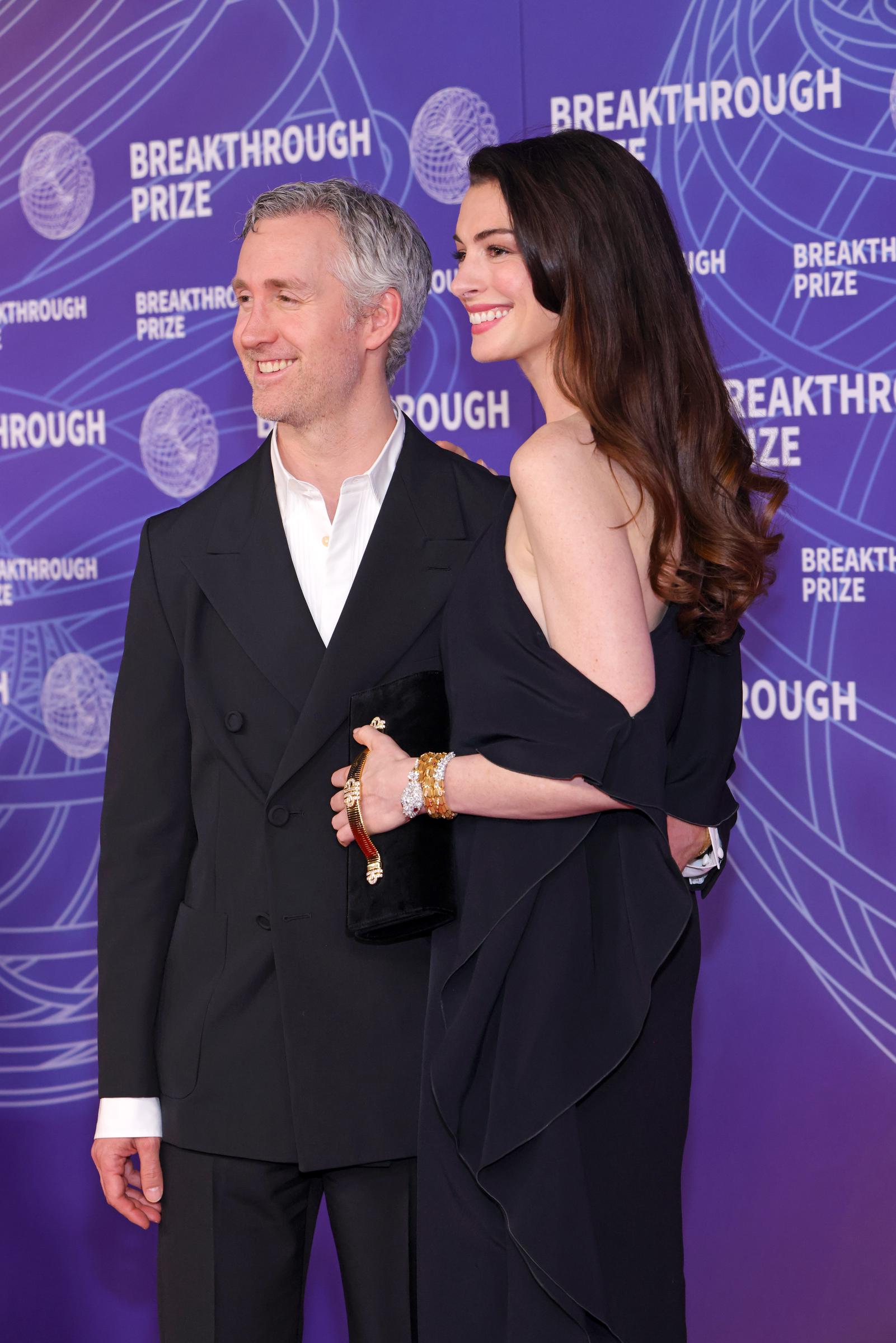 Adam Shulman and Anne Hathaway attend the 12th Breakthrough Prize Ceremony at Barker Hangar on April 18, 2026 in Santa Monica, California. | Source: Getty Images