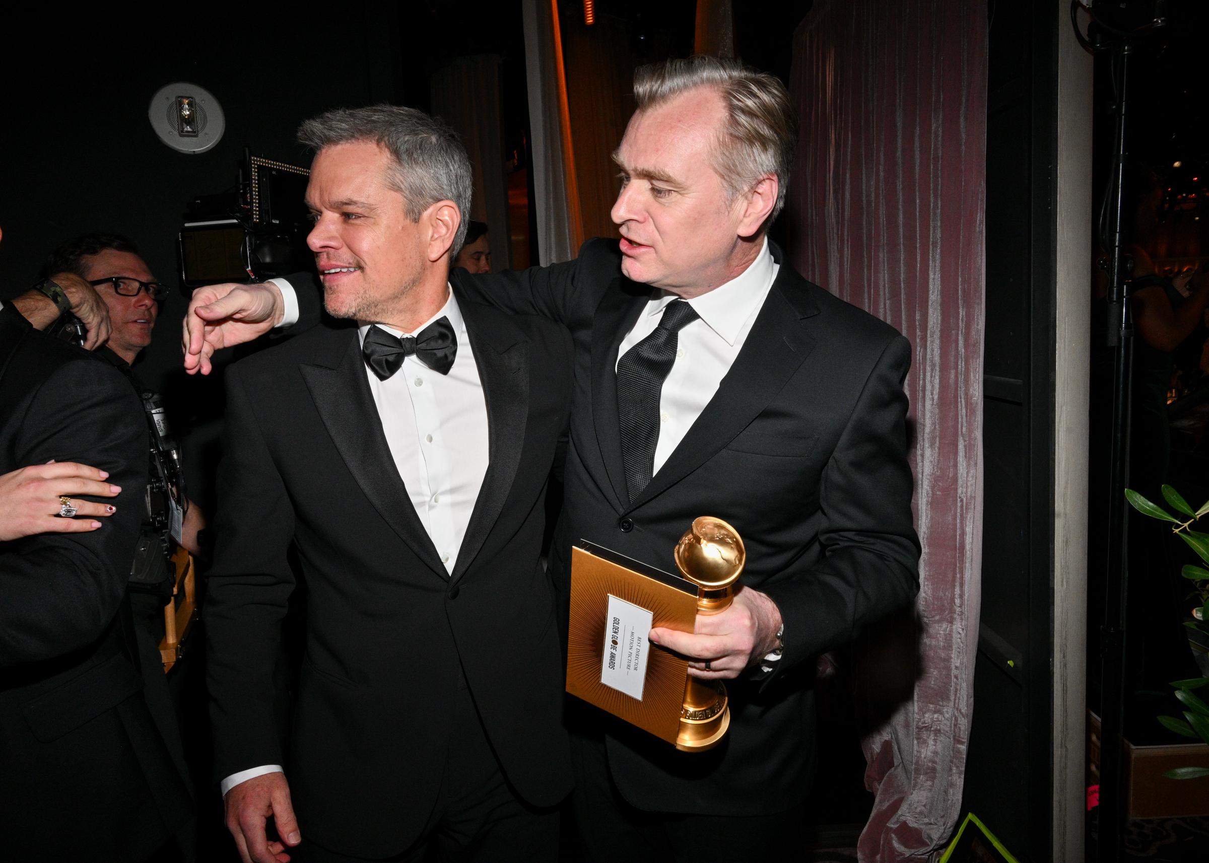 Matt Damon and Christopher Nolan at the 81st Golden Globe Awards on January 7, 2024, in Beverly Hills, California. | Source: Getty Images