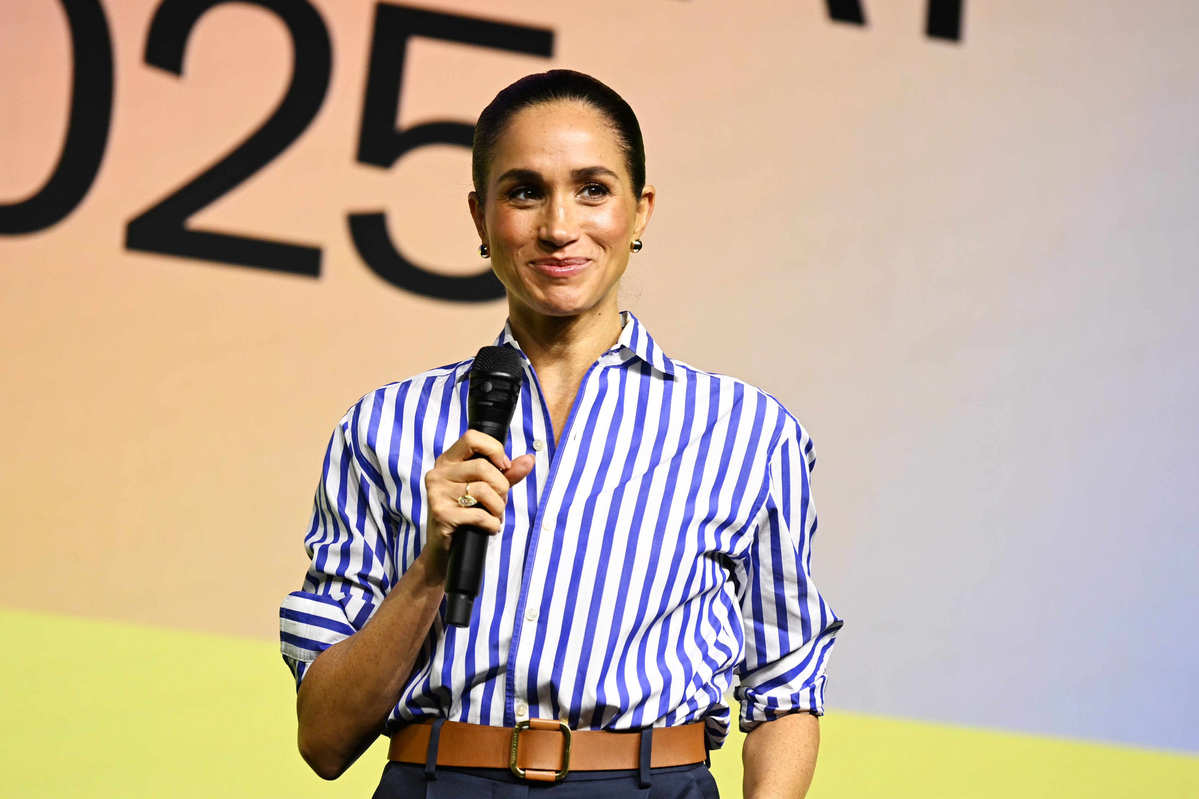 Meghan, Duchess of Sussex, speaks at Project Healthy Minds' World Mental Health Day Festival held at Spring Studios on October 10, 2025, in New York City. | Source: Getty Images