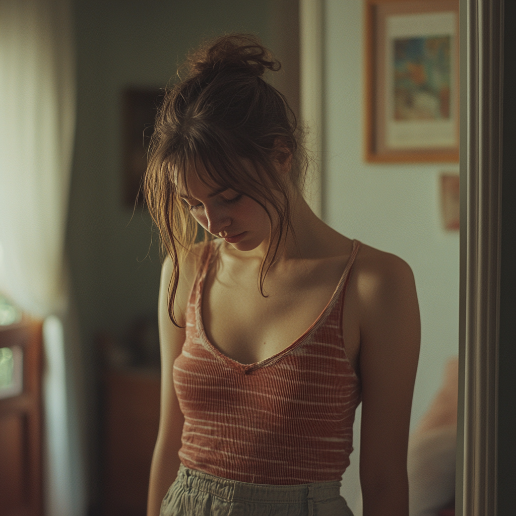 A sad woman in her living room doorway | Source: Midjourney