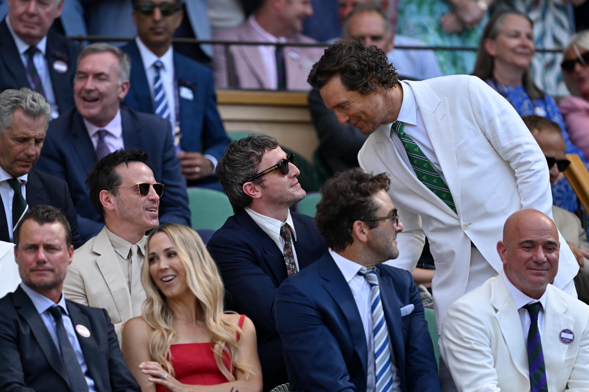 Matthew McConaughey speaks to Paul Mescal and Andrew Scott in the royal box ahead of the Gentlemen's Singles final match between Jannik Sinner of Italy and Carlos Alcaraz of Spain on day fourteen of The Championships Wimbledon 2025 at All England Lawn Tennis and Croquet Club on July 13, 2025 in London, England | Source: Getty Images