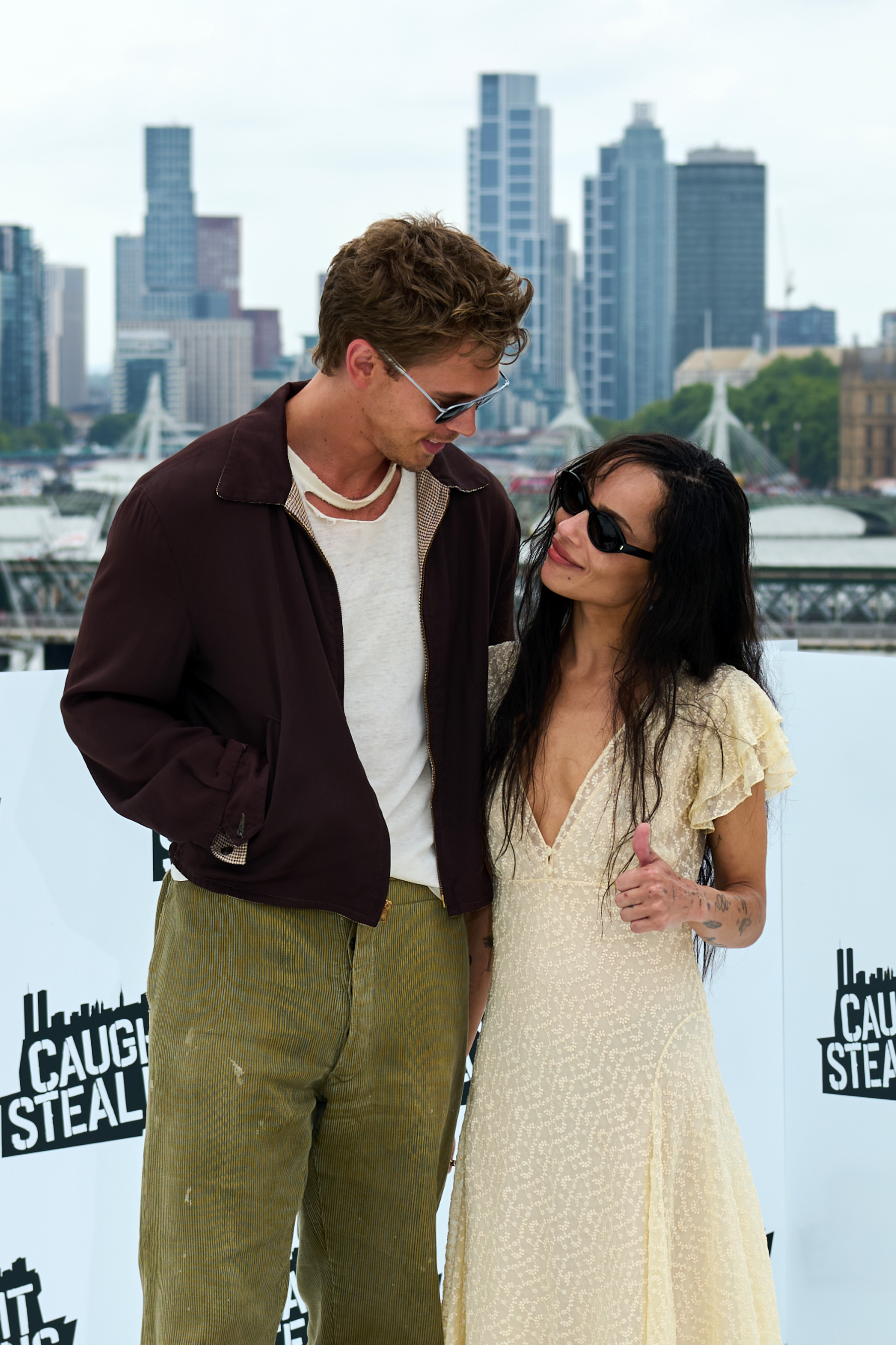 Austin Butler and Zoë Kravitz attend the "Caught Stealing" Photocall at the IET Building: Savoy Place on August 19, 2025, in London, England. | Source: Getty Images