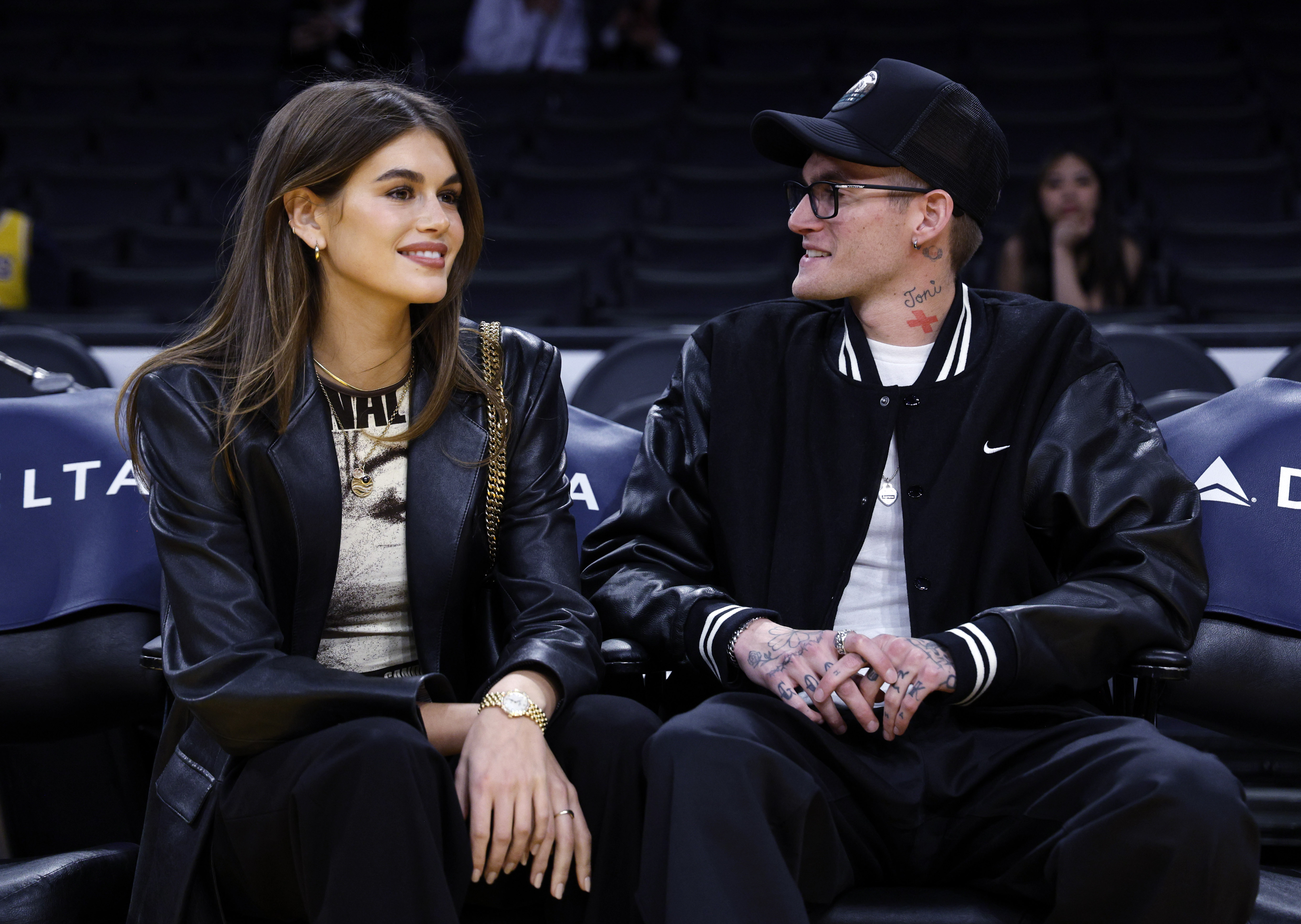 Kaia Gerber and her brother Presley Gerber attend the Los Angeles Lakers and San Antonio Spurs basketball game at Crypto.com Arena on February 23, 2024 in Los Angeles, California. | Source: Getty Images
