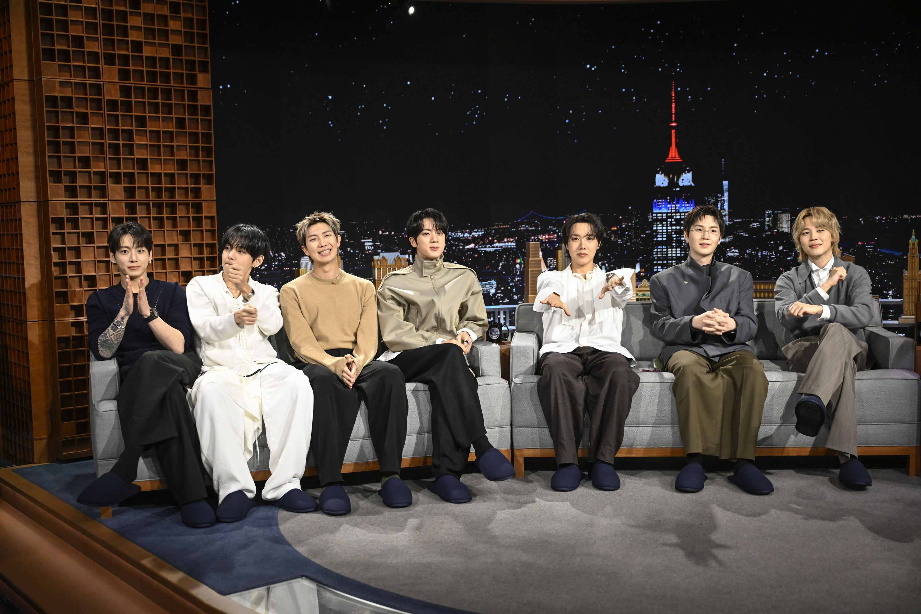 Jung Kook, V, RM, Jin, j-hope, Suga, and Jimin of musical guest BTS during an interview on "The Tonight Show Starring Jimmy Fallon" on Wednesday, March 25, 2026 . | Source: Getty Images