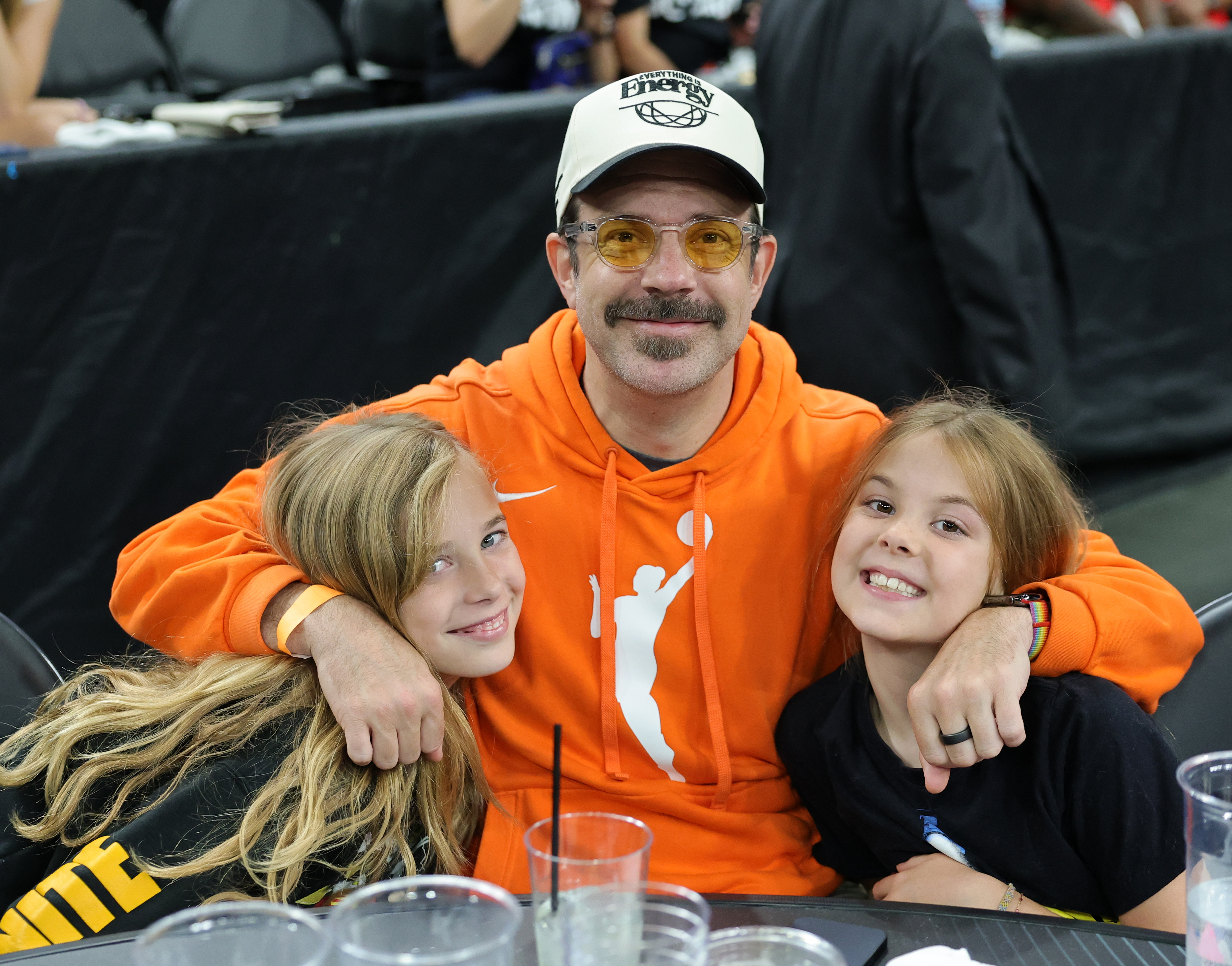 Otis Sudeikis, Jason Sudeikis and Daisy Sudeikis pose at halftime of a game between the Indiana Fever and the Las Vegas Aces at T-Mobile Arena on June 22, 2025 in Las Vegas, Nevada | Source: Getty Images